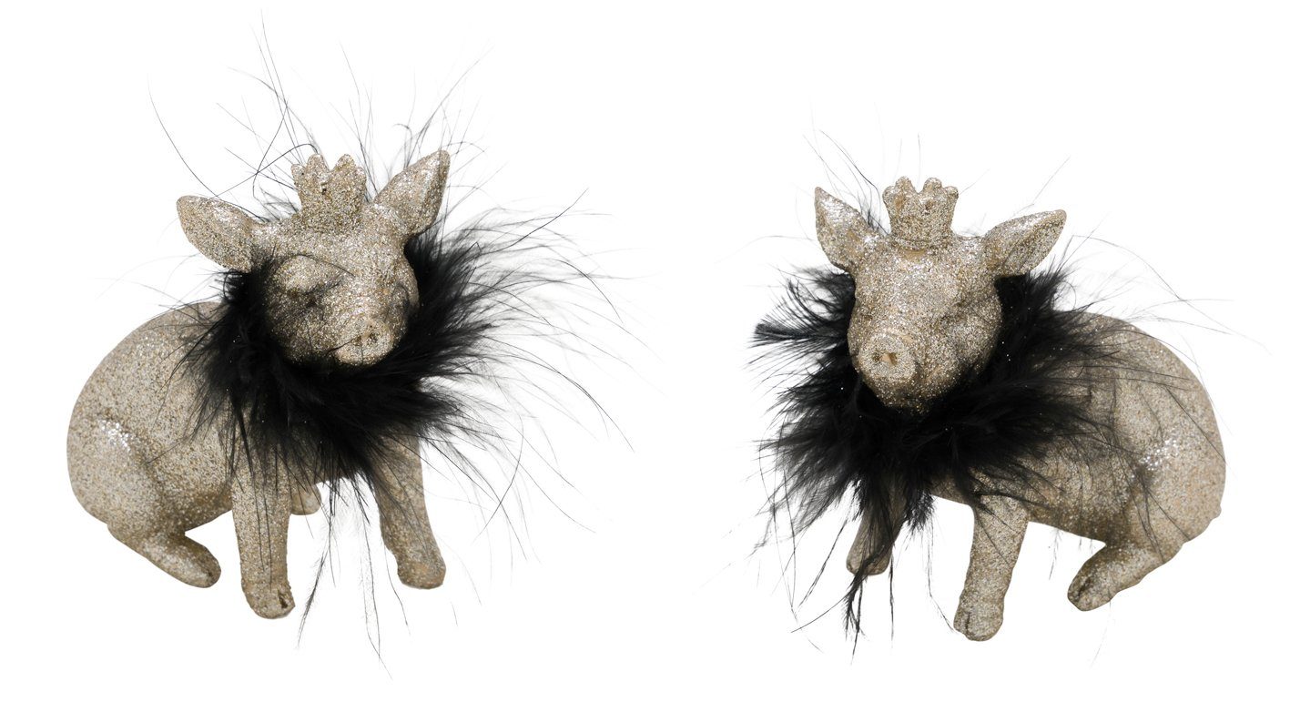 Gehlmann Weihnachtsfigur Schwein, gold / glitzer, mit schwarzen Federn (Set, 2er Set), made in Germany