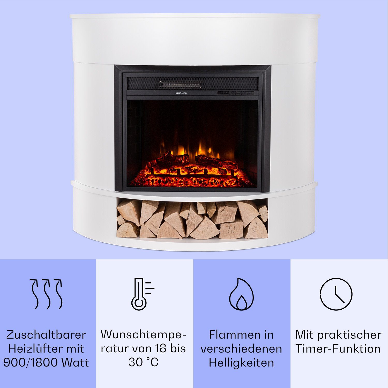 Klarstein Elektrokamin Loloru, elektrischer Kaminofen mit Heizung LED-Beleuchtung, Timer Weiss