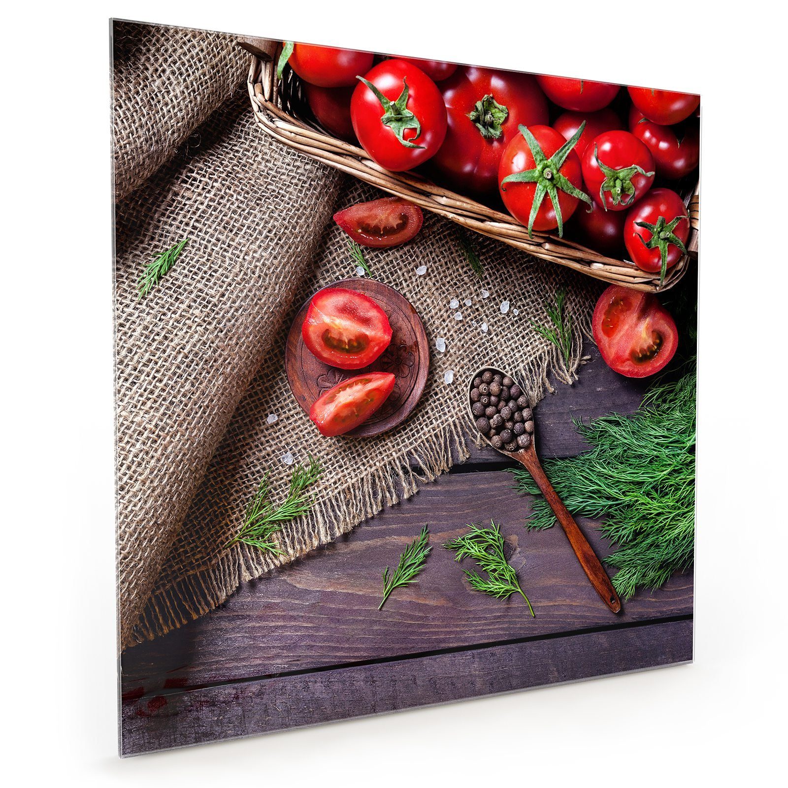Glas mit Korb Küchenrückwand Motiv Tomaten im Küchenrückwand Spritzschutz Tisch Primedeco auf