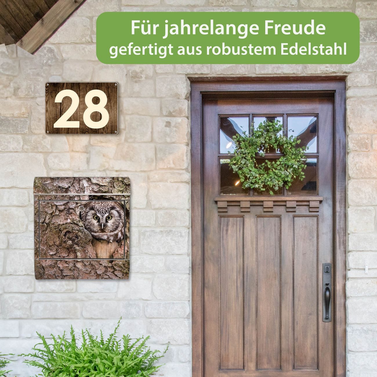 banjado Wandbriefkasten Edelstahl mit Motiv Eule (Wandbriefkasten groß, mit Zeitungsfach), 38 x 42,5 x12 cm