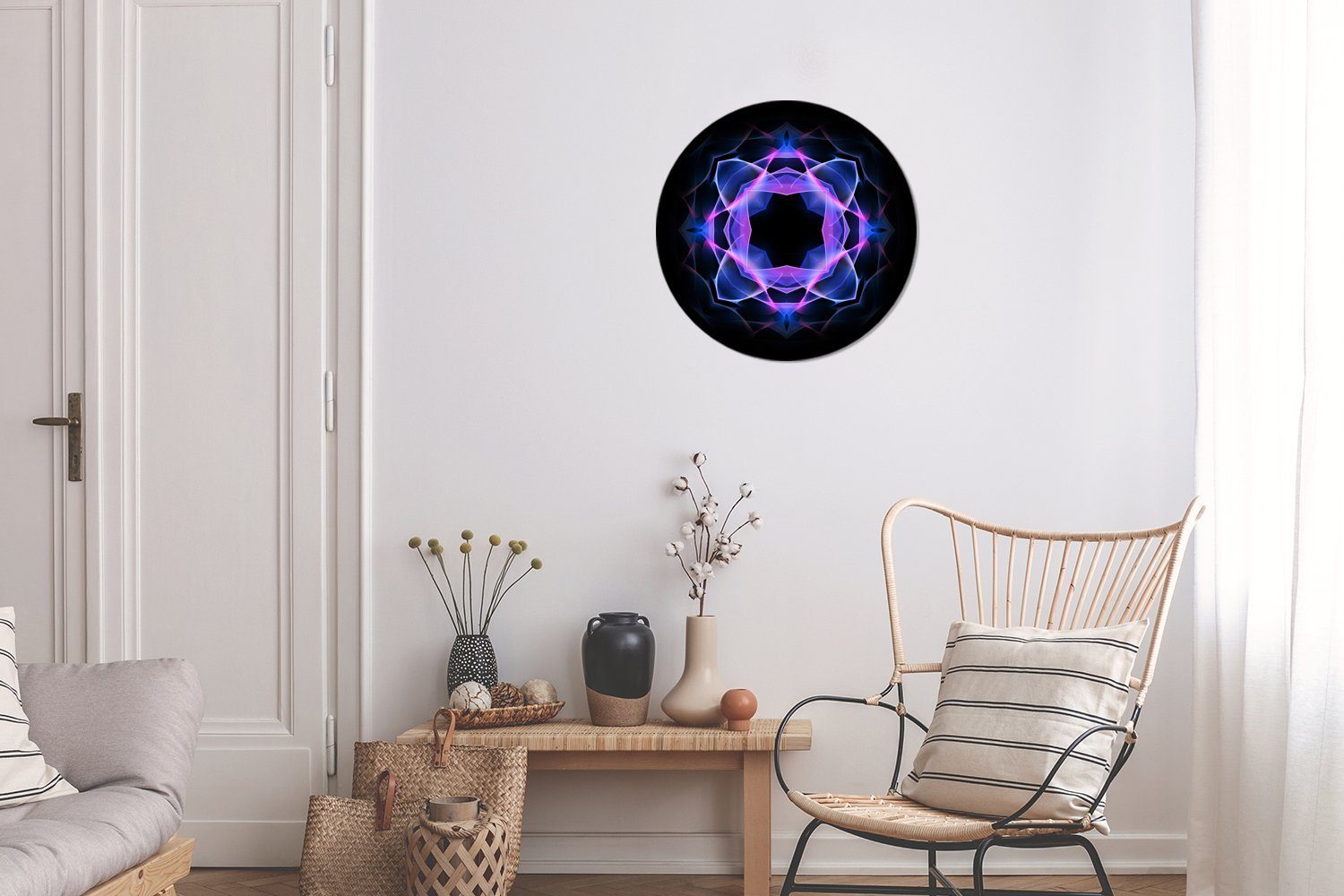 Blaues Wohnzimmer, St), Schwarz, auf Neon-Mandala-Kaleidoskop-Muster Forex, 30x30 Rundes Gemälde cm Wandbild, Wanddekoration MuchoWow (1 Kreis