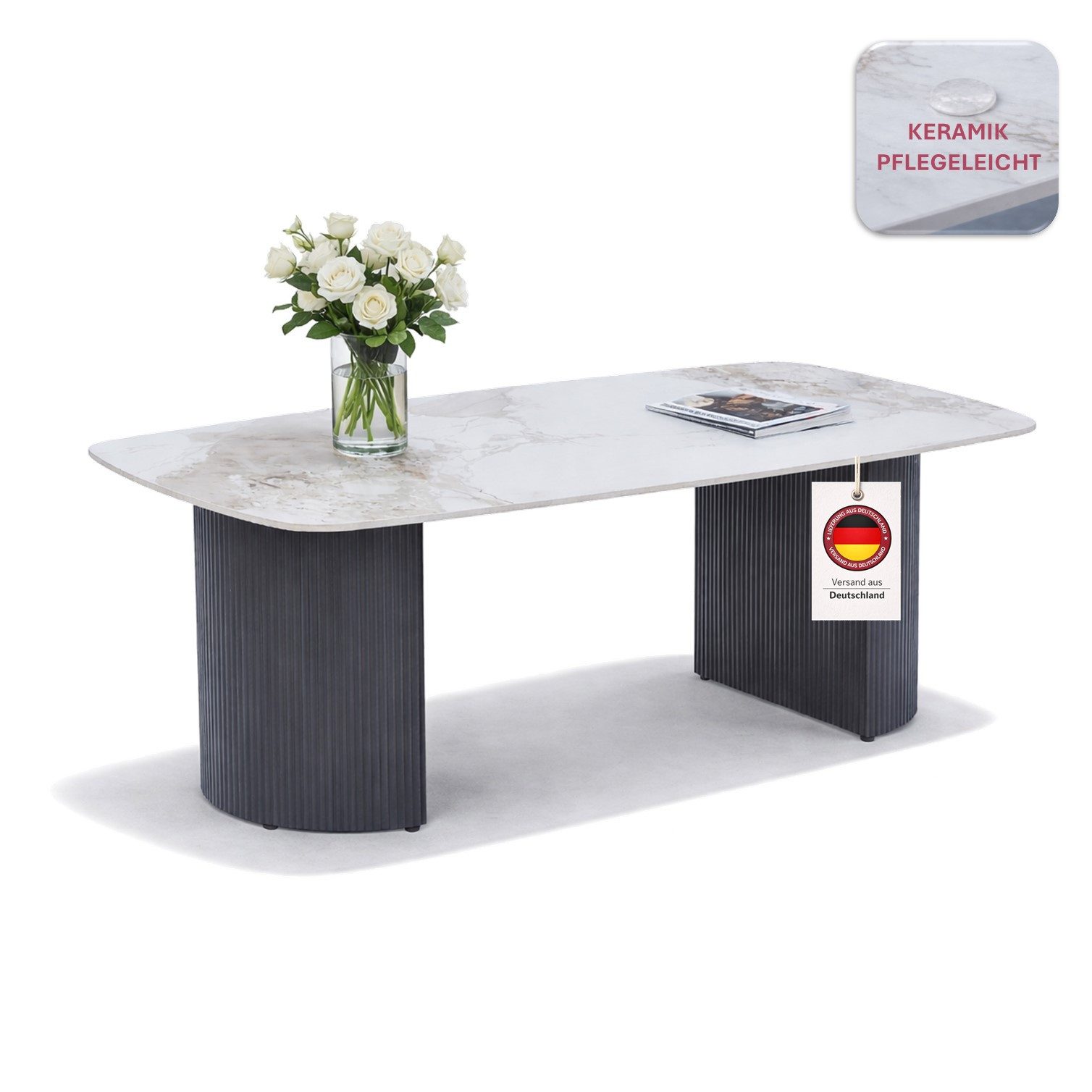 HOOZ Wohnzimmertisch Couchtisch Set 130x70 cm Schwarz – moderner Sofatisch, Keramik (Einzelprodukt, 1× Couchtisch), Keramik-Tischplatte, Travertin-Optik (marmoriert), pflegeleicht