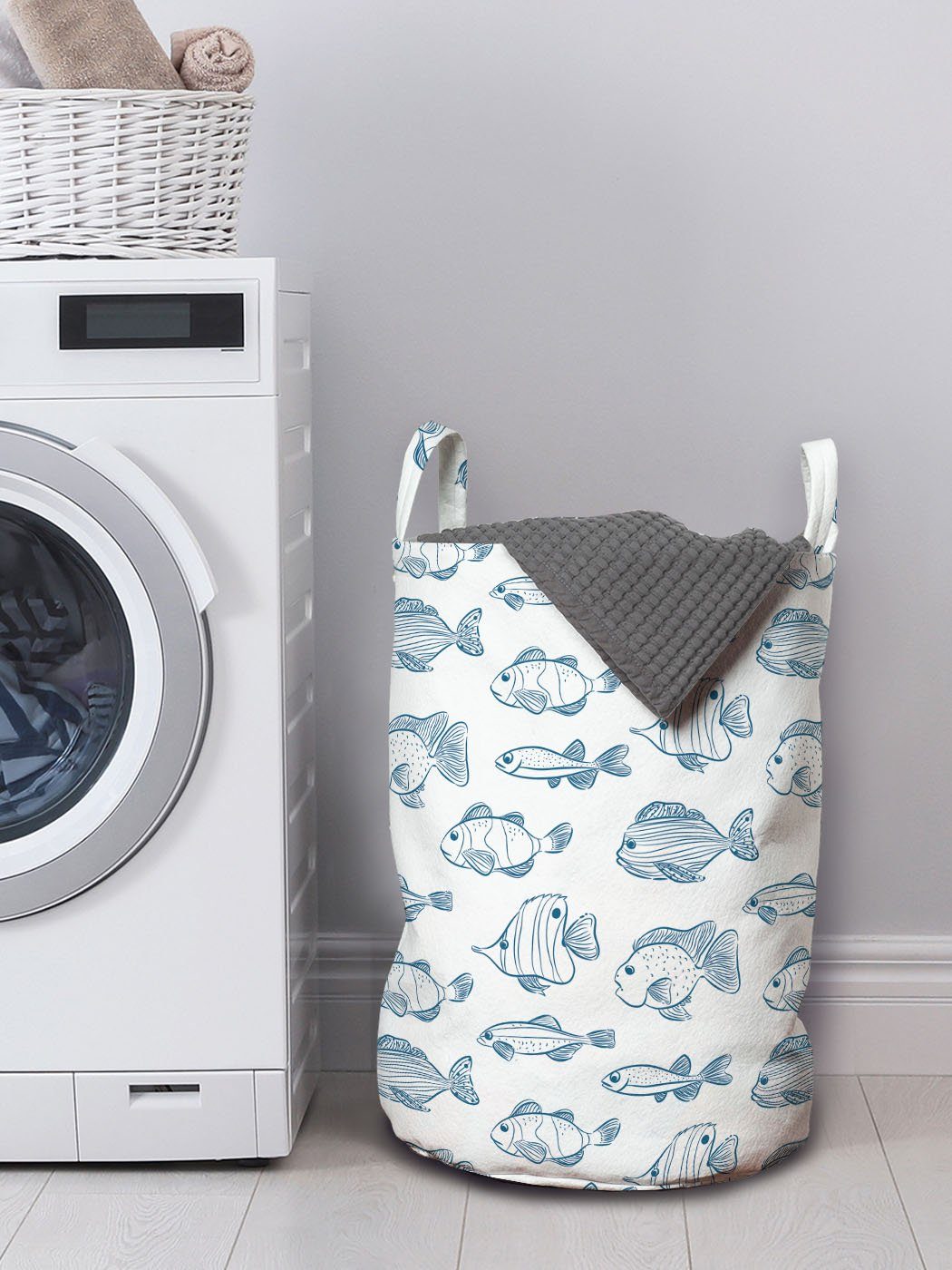 Waschsalons, Kordelzugverschluss Wäschekorb mit für Griffen Meer Wäschesäckchen im Abakuhaus Leben Design Fish Umreißentwurf