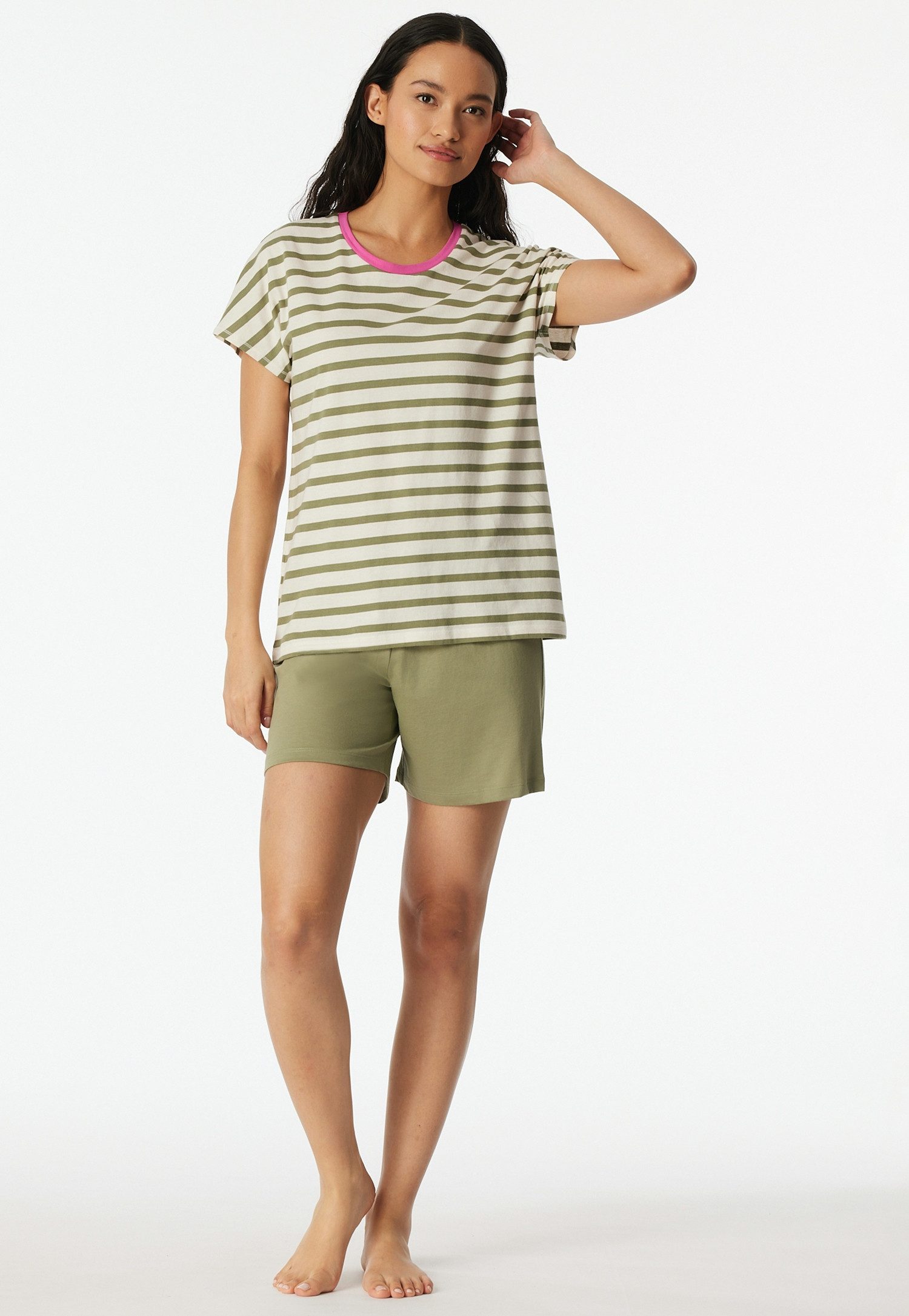 Schiesser Shorty Casual Essentials (2 tlg., 2tlg) mit unifarbenem Shirt und gestreifter Hose