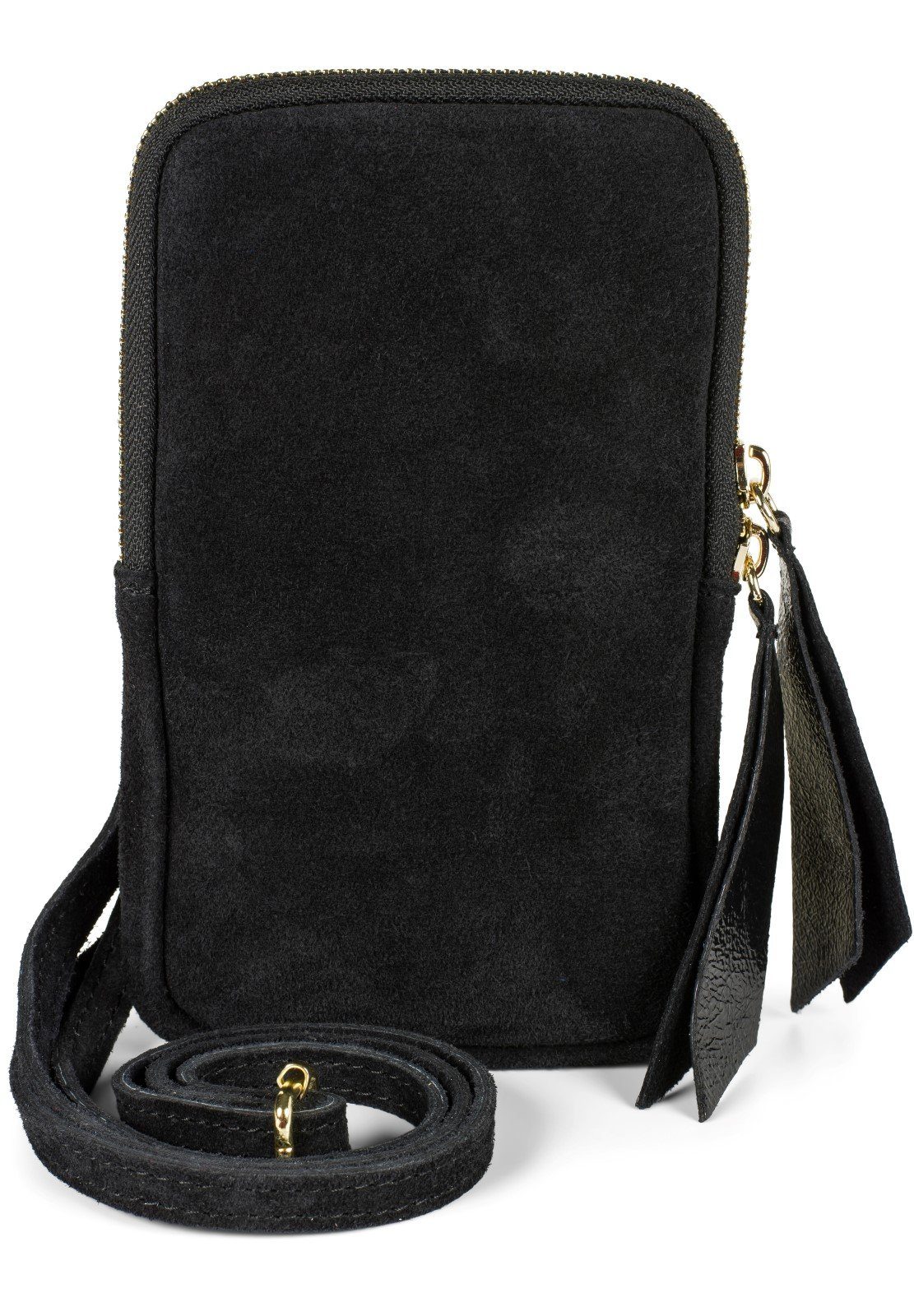 styleBREAKER Mini Bag (1-tlg), Echtleder Handy Umhängetasche Veloursleder Schwarz