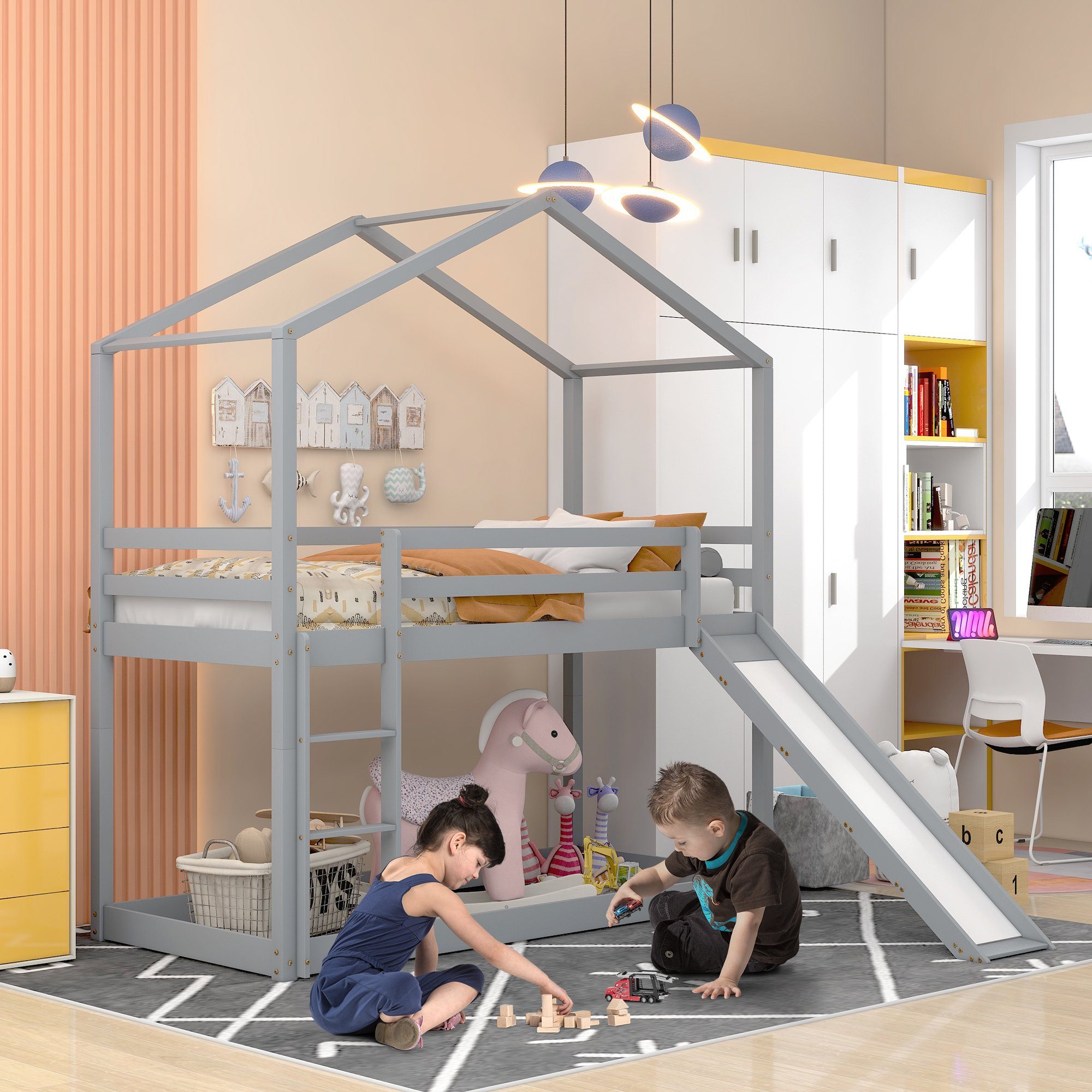 90×200CM), (1-St., Einzelbett werden Lattenrost, mit Massivholz-Etagenbettrahmen Grau ein in Etagenbett Kann umgewandelt mit BlingBin Rutsche, Kinderbett Hausbett