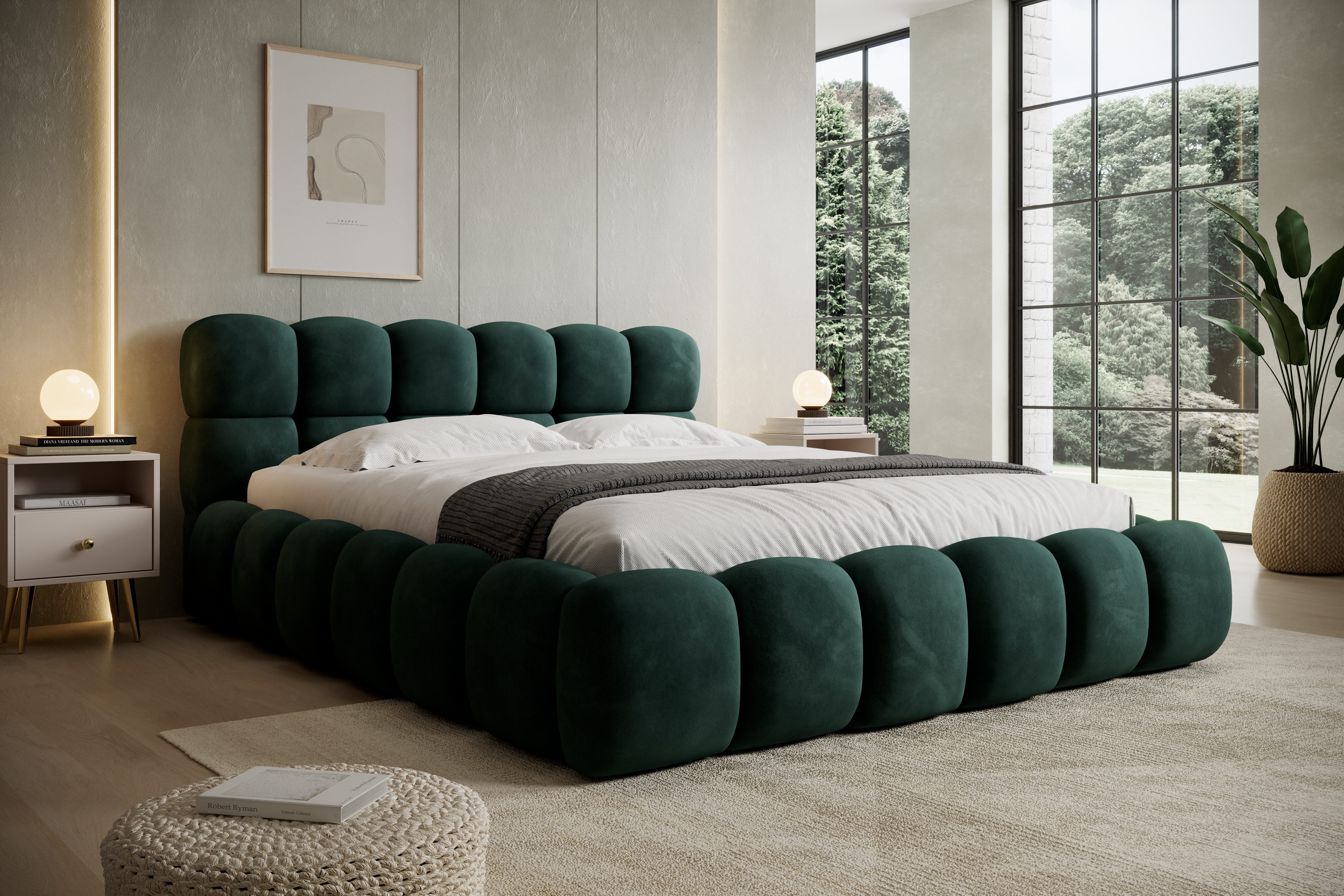 thematys Polsterbett mit Bettkasten 140x200–200x200 cm – Velours oder Bouclé Bezug – (Polsterbett in den Varianten Bouclé (Fredo), Velours (Velutto) - Wolkenbett mit XXL Kopfteil), Wolkenbett mit XXL Kopfteil)