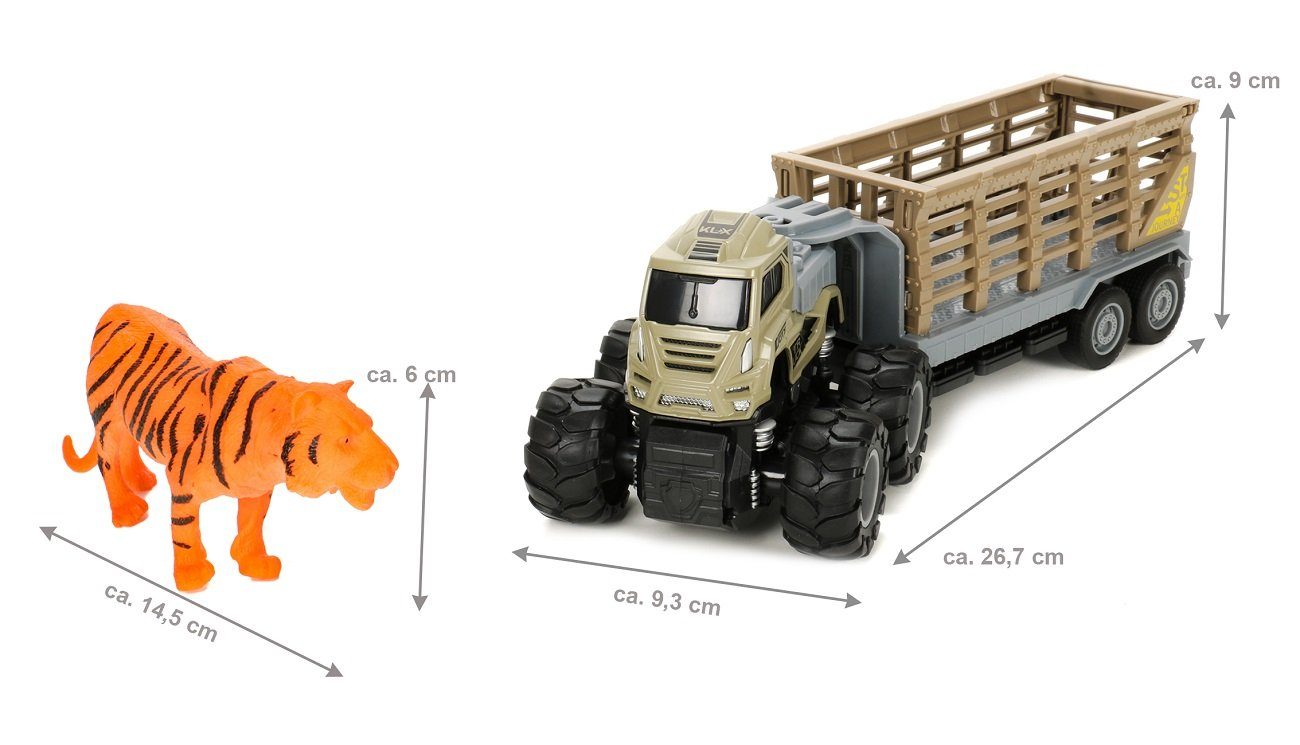 Bubble-Store Spielzeug-LKW Spielzeug Tiertransporter, (Zugmaschine mit Friktionsantrieb), Anhänger mit Gatter und Tiger