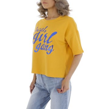Ital-Design T-Shirt Damen Freizeit Glitzer Textprint Stretch T-Shirt in Gelb