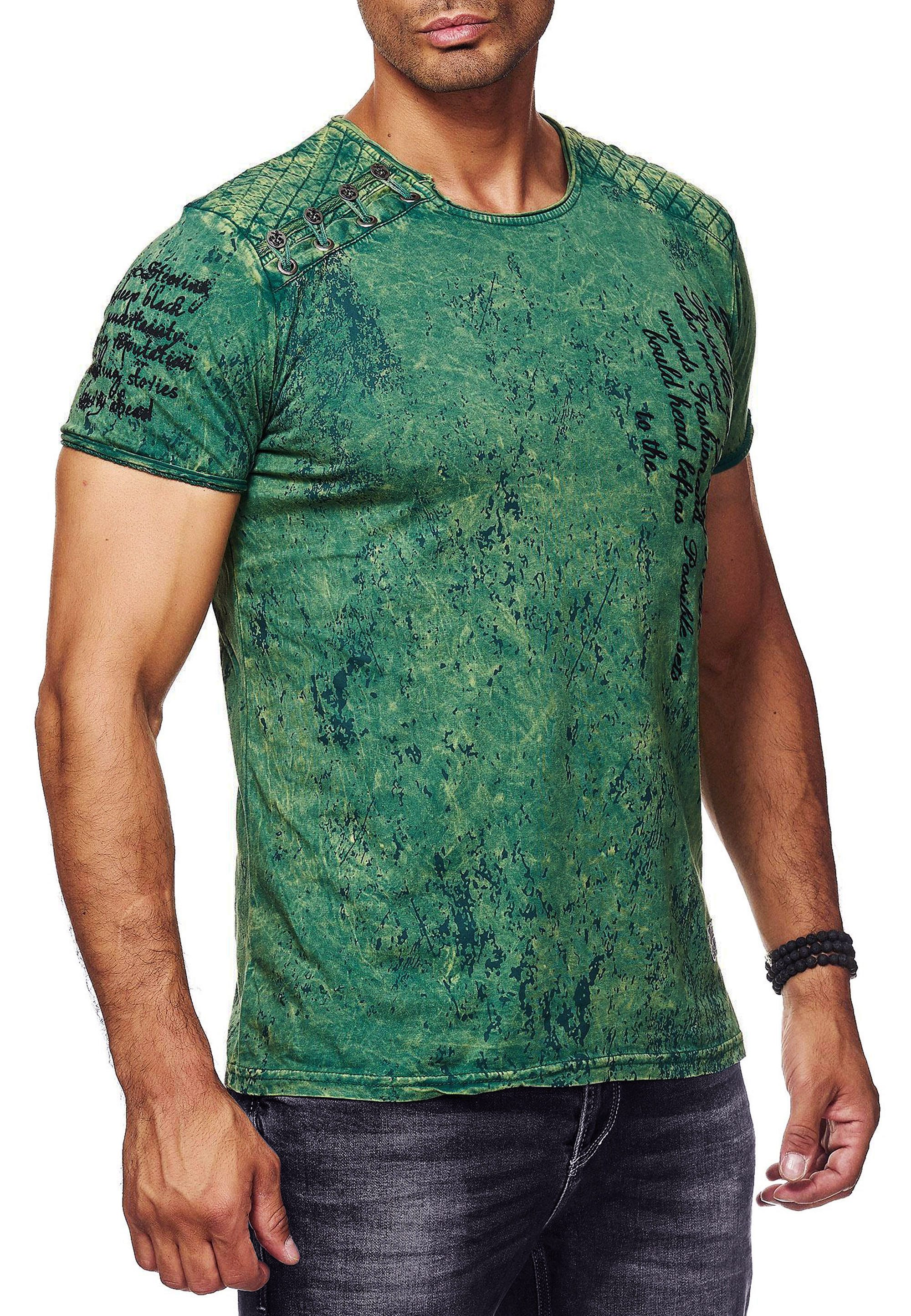 R-NEAL T-Shirt T-Shirt Rundhals mit Seitlicher Knopfleiste Verwaschen und Front Print