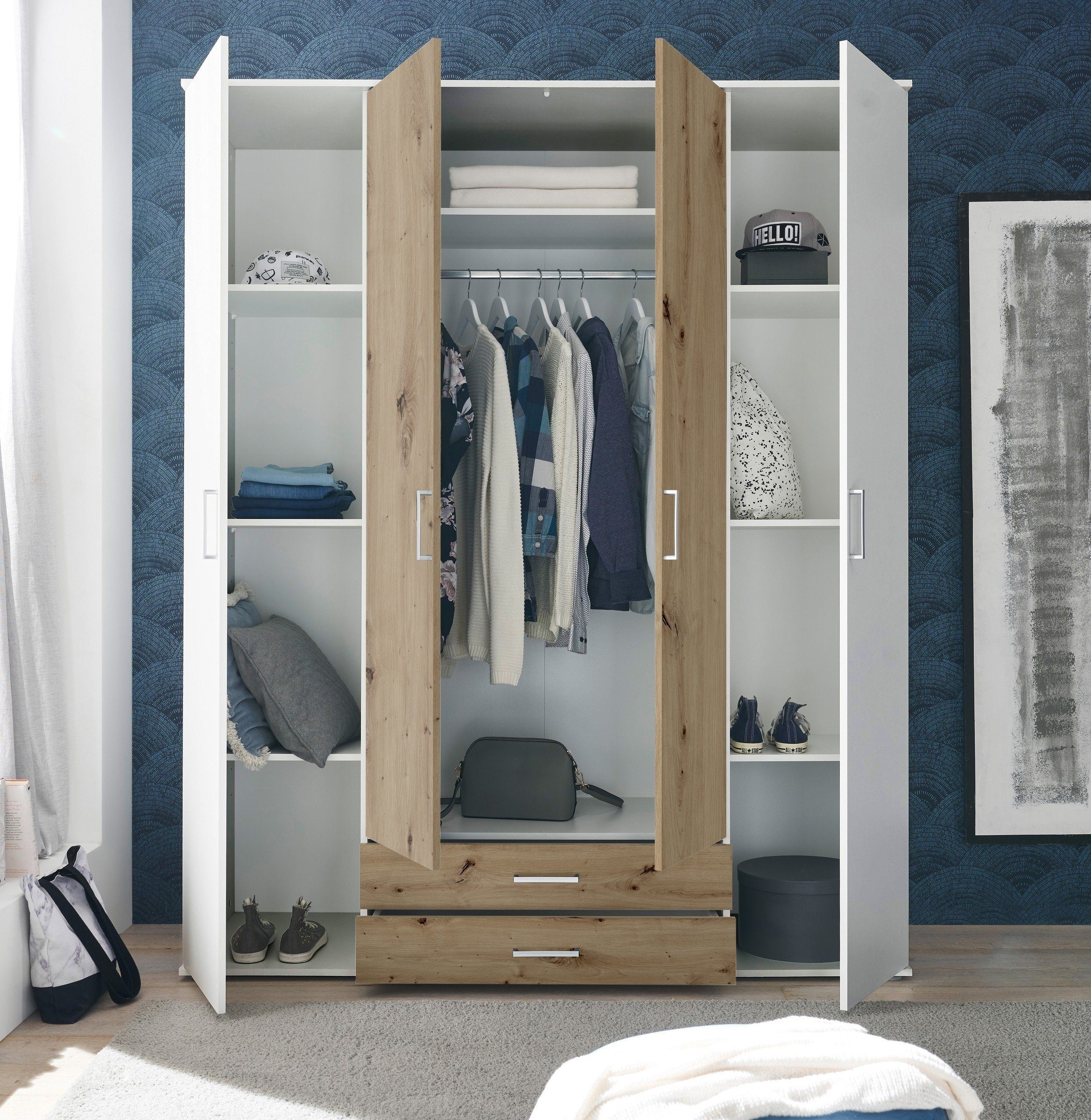 Pol-Power Kleiderschrank in Weiß / Artisan Eiche mit 2 Schubladen und 4 Türen (BxHxT: 160x196x54 cm)