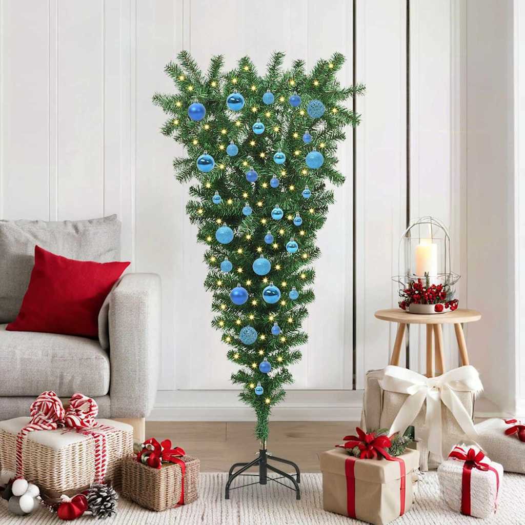 vidaXL Künstlicher Weihnachtsbaum vidaXL Umgedrehter Kunst Weihnachtsbaum mit Kugelset Grün 150 cm PVC