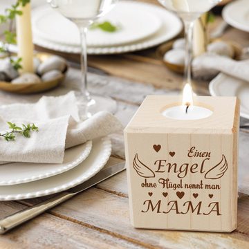 GRAVURZEILE Teelichthalter aus Holz - Einen Engel ohne Flügel nennt man Mama - 7,8 x 7,8 x 8 cm (1 St., Teelichthalter aus Holz), schönes Geschenk zum Muttertag