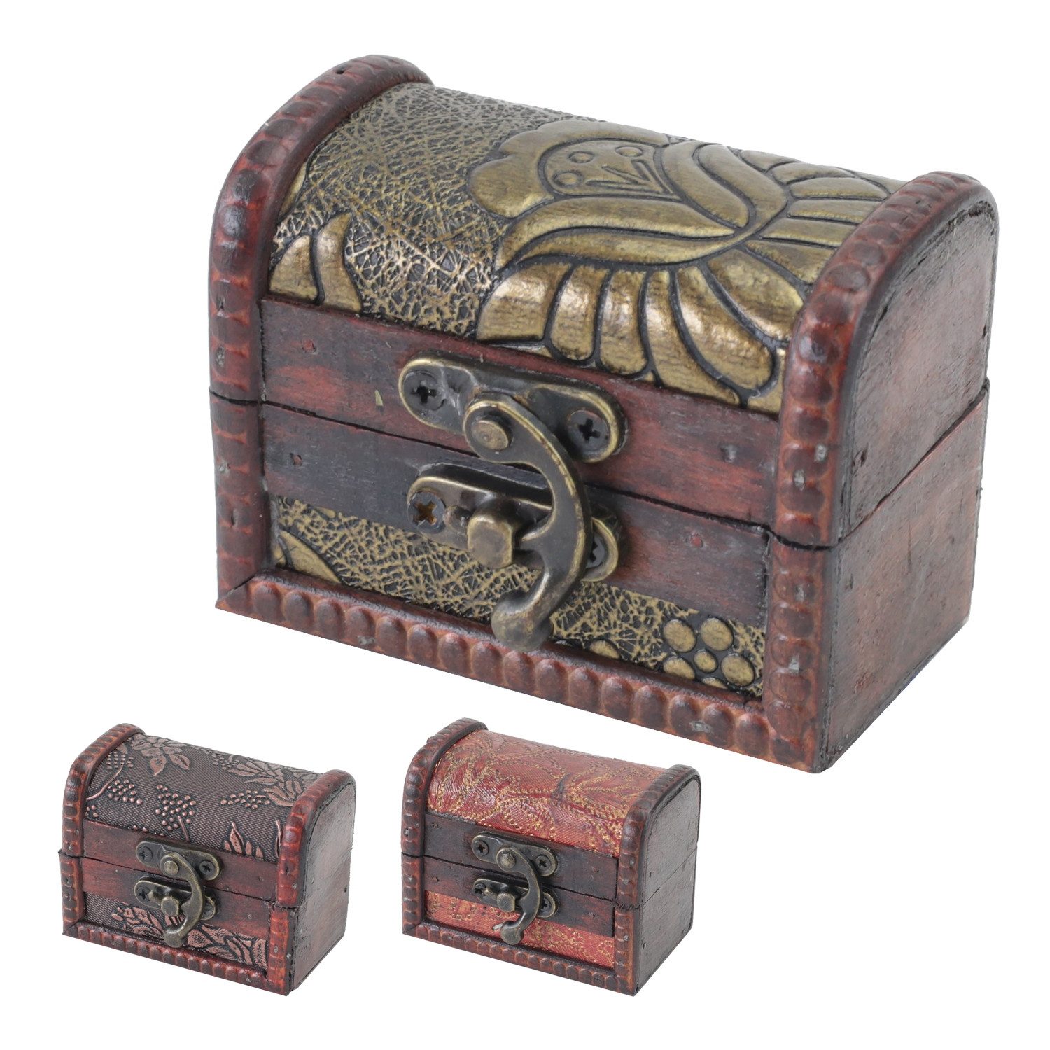 HMF Schatzkiste Schmuckkästchen aus Holz, kleine Schatztruhe zur Schmuckaufbewahrung (3er Set, versch. Muster), oder als Ringbox zur Verlobung und Hochzeit, 8 x 5 x 6 cm