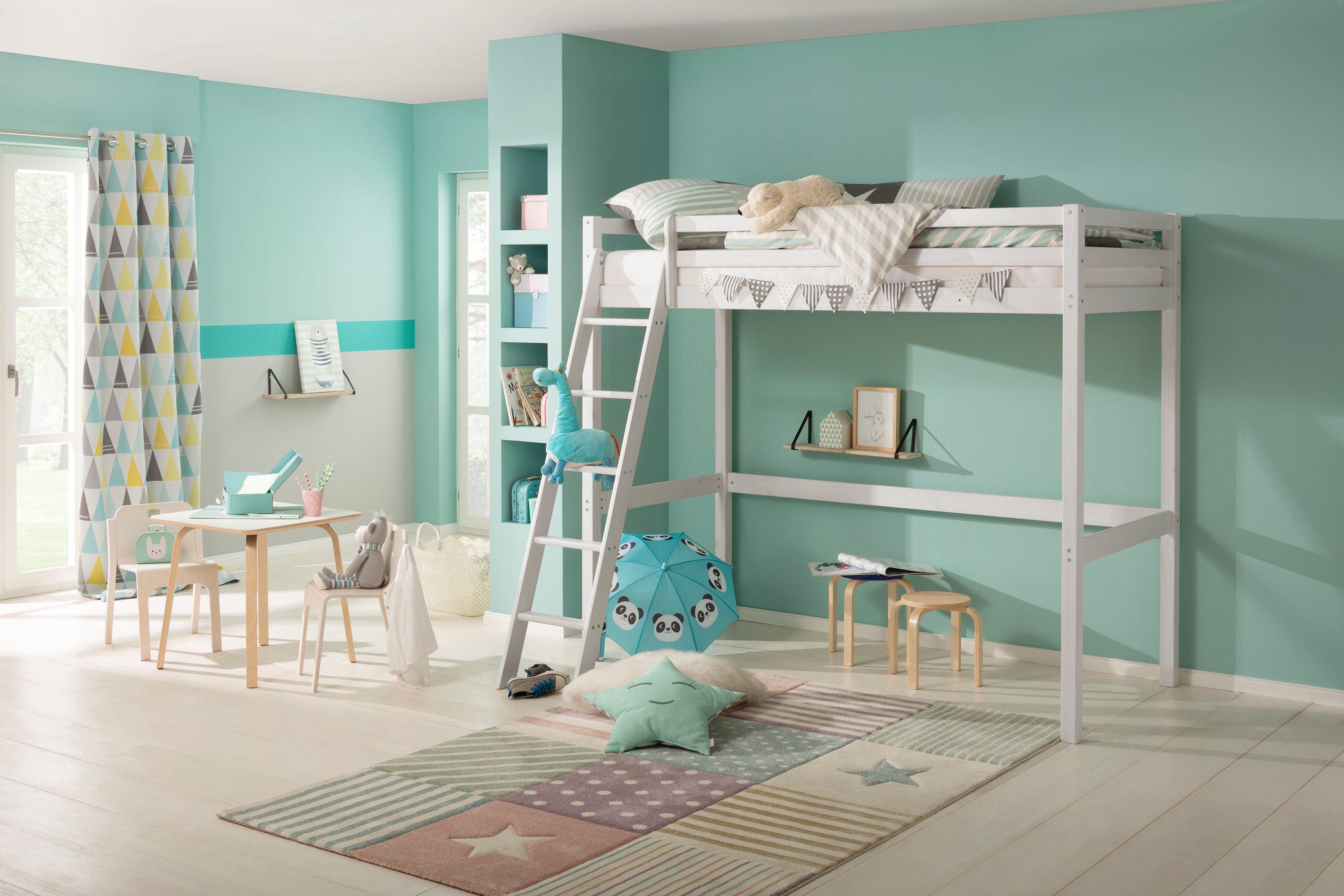 Lüttenhütt Kinderbett "Alpi, Hochbett, Stellfläche unter dem Bett" Kiefernh günstig online kaufen