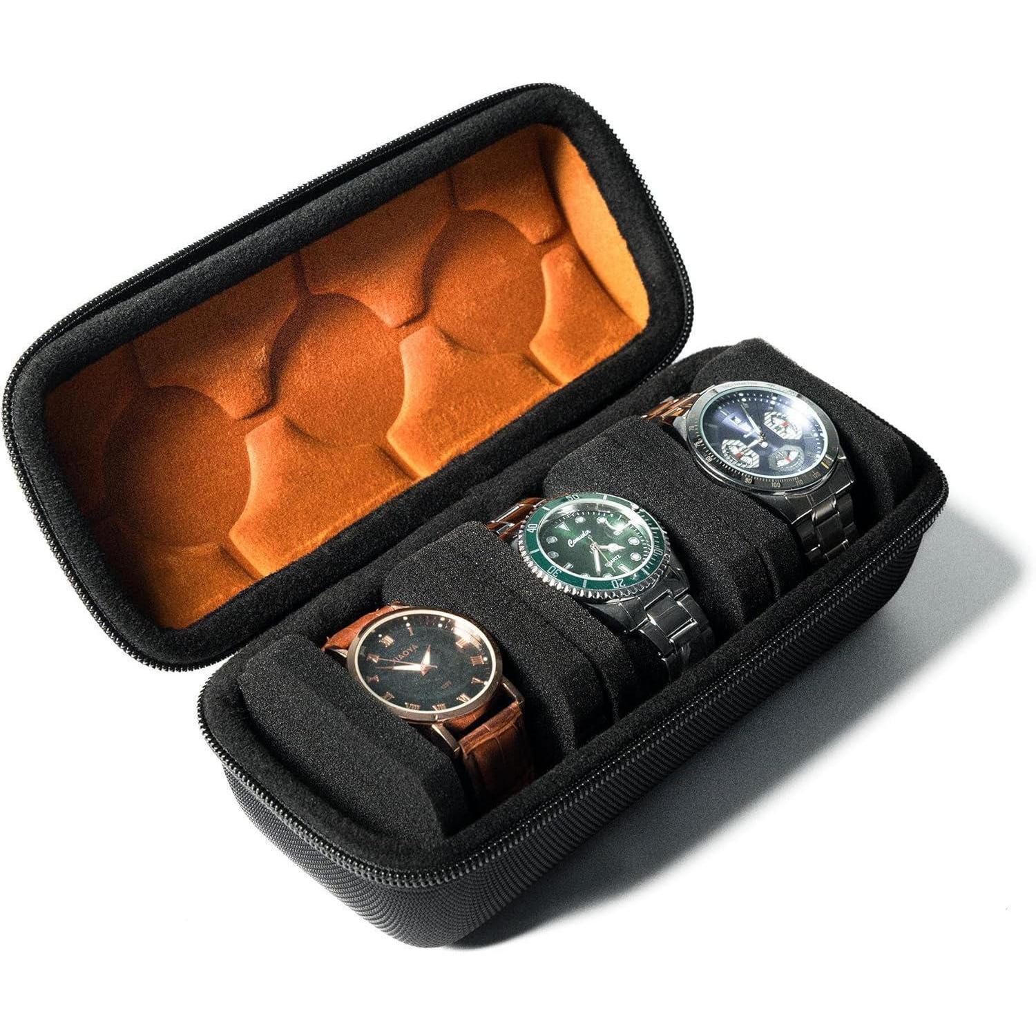 LuxusKollektion Manschettenknöpfe und Krawattennadel Set Uhrenrollen-Reisetasche mit Anti-Bewegungs-Uhrenkissen, schwarz, 3