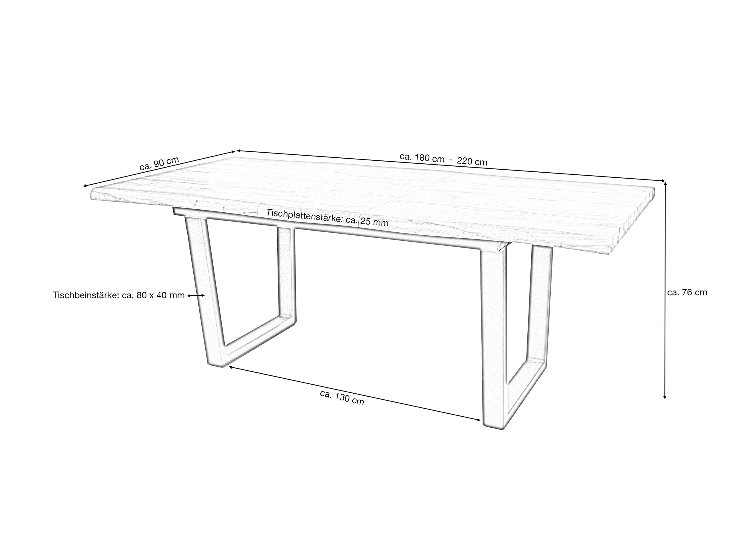 Die Möbelfundgrube® Baumkantentisch IRINA 180 - 220 cm ausziehbar / Baumkantenoptik / Wildeiche, 25 mm Tischplatte / U-Gestell schwarz Metall / Industrial