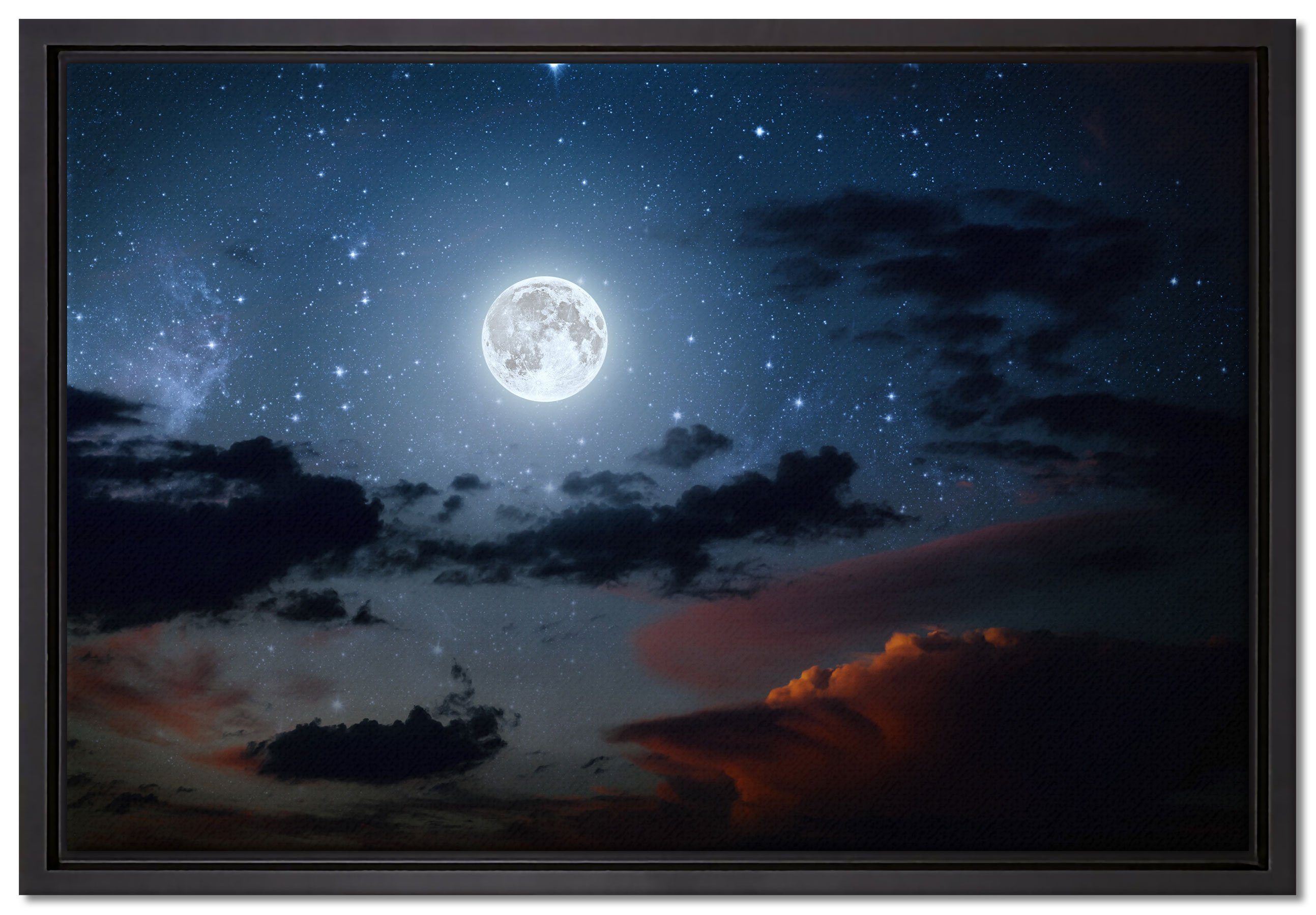 Zackenaufhänger am in (1 inkl. bespannt, gefasst, Wanddekoration Nachthimmel, Schattenfugen-Bilderrahmen St), einem Leinwandbild Leinwandbild Leuchtender fertig Mond Pixxprint