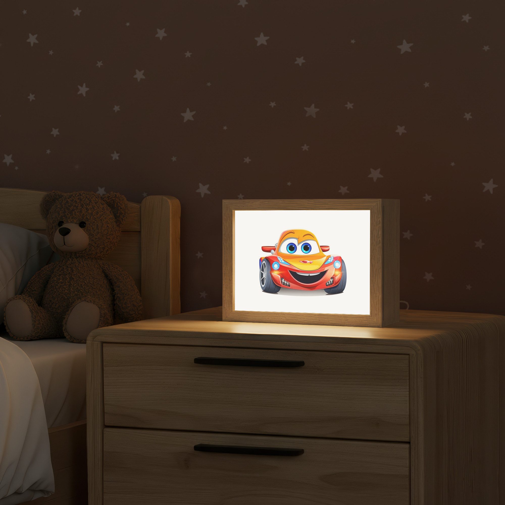 OnlyWow Nachttischlampe Lightbox Rennwagen - Orange - Kinder - Auto - Jungen, Dimmbar, Farbwechsel, LED, Warmweiß, Kaltweiß, Neutralweiß Einstellbar, Nachtlicht, Kinder- und Babyzimmer, Dimmbar, mit Kabel, Tischleuchte