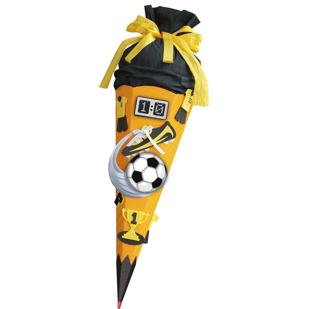 Roth Schultüte Soccer / Fußball, 68 cm, eckig, mit schwarzem Kreppverschluss, Zuckertüte zum Basteln gelb