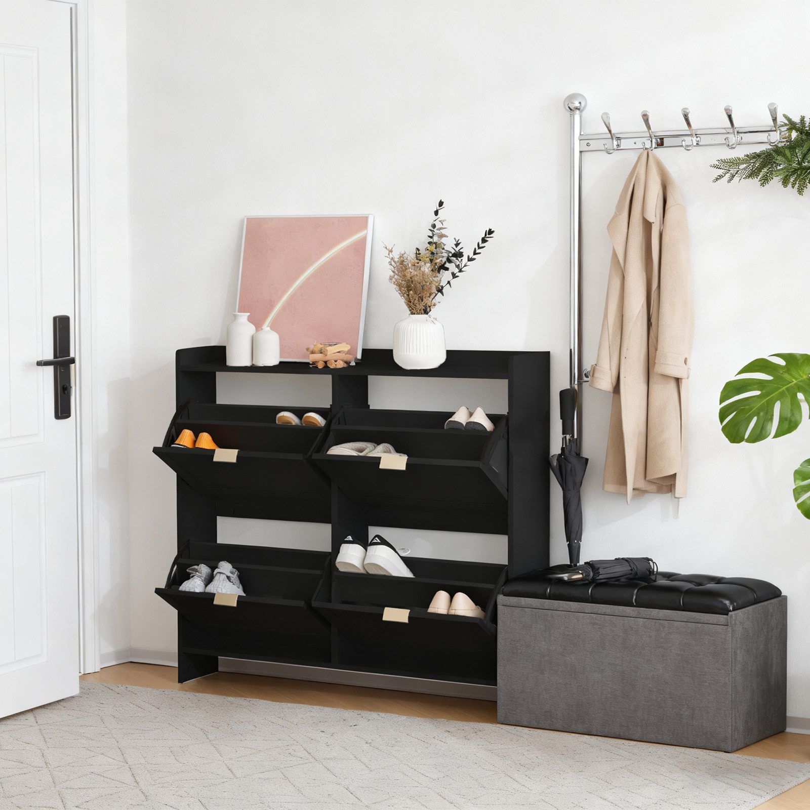 MODFU Schuhschrank Vielseitiger Kipp-Schuhregal (mit 4 Klappfächern & offenen Ablagen, platzsparendes Schuhregal für Flur & Eingangsbereich, 1-St., B110/H90/T24 cm)