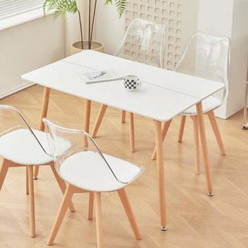 Fruyyzl Esstisch Rechteckiger Küchentisch mit Weiß MDF-Tischplatte für 6 Personen, Holzbeine aus Buche, 110 x 70 x 75 cm