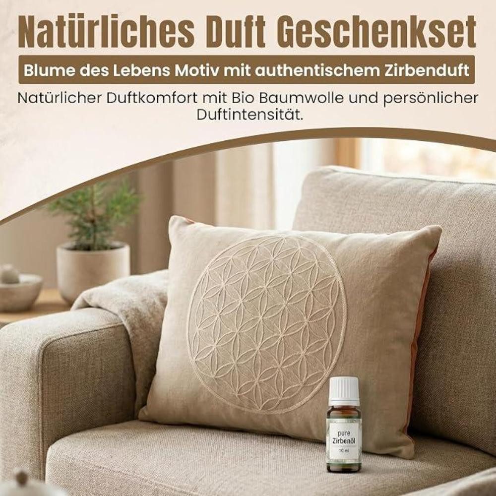 geborgenschlafen Zirbenkissen Blume des Lebens mit Zirbenkiefernöl für Entspannung, 2-tlg., Naturreines Zirbenöl & Kissen klein - Schlafkomfort & Wohlbefinden
