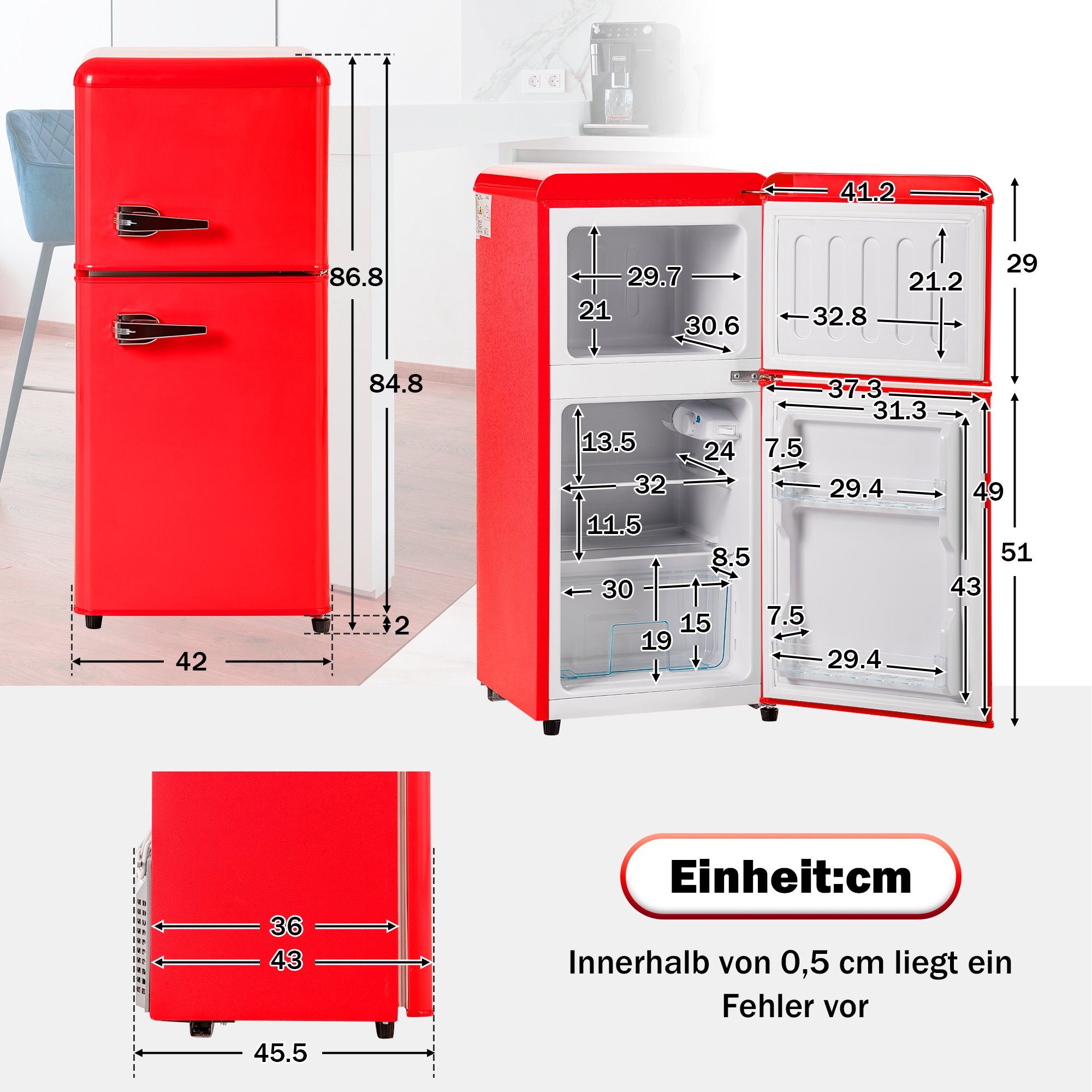 Kühlschrank hoch, 42 Ulife Table Top breit Rot BCD-86, cm 87 cm
