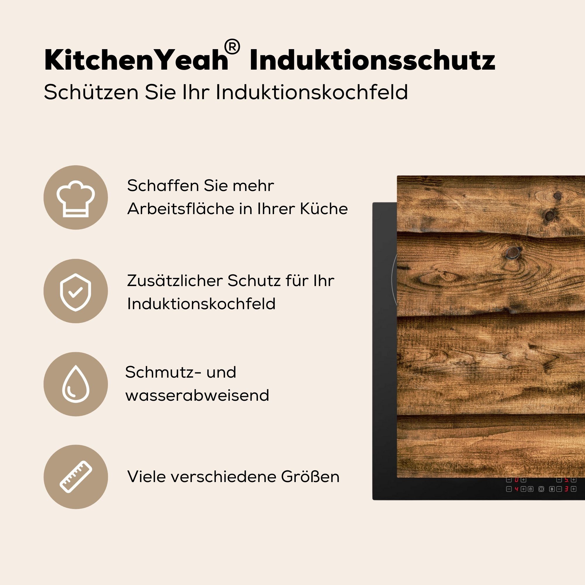 küche, 81x52 - Induktionskochfeld Ceranfeldabdeckung die Schutz Regale Holz, MuchoWow - cm, Vinyl, Rustikal Herdblende-/Abdeckplatte für tlg), (1