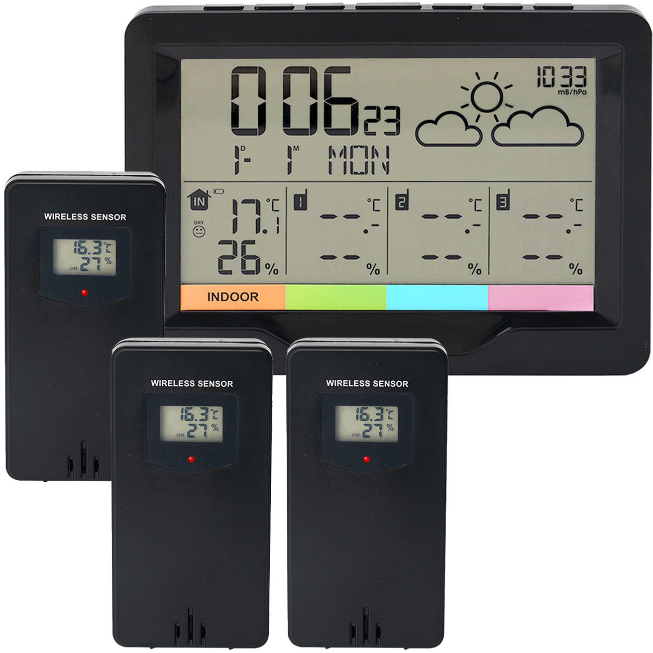 Casativo Multifunktionale Funk Wetterstation mit Außensensor Funkwecker Display Funkwetterstation (Innen-/Außentemperatur 4-Zonen-Überwachung Reichweite ca. 60m – Bild 2 von 5