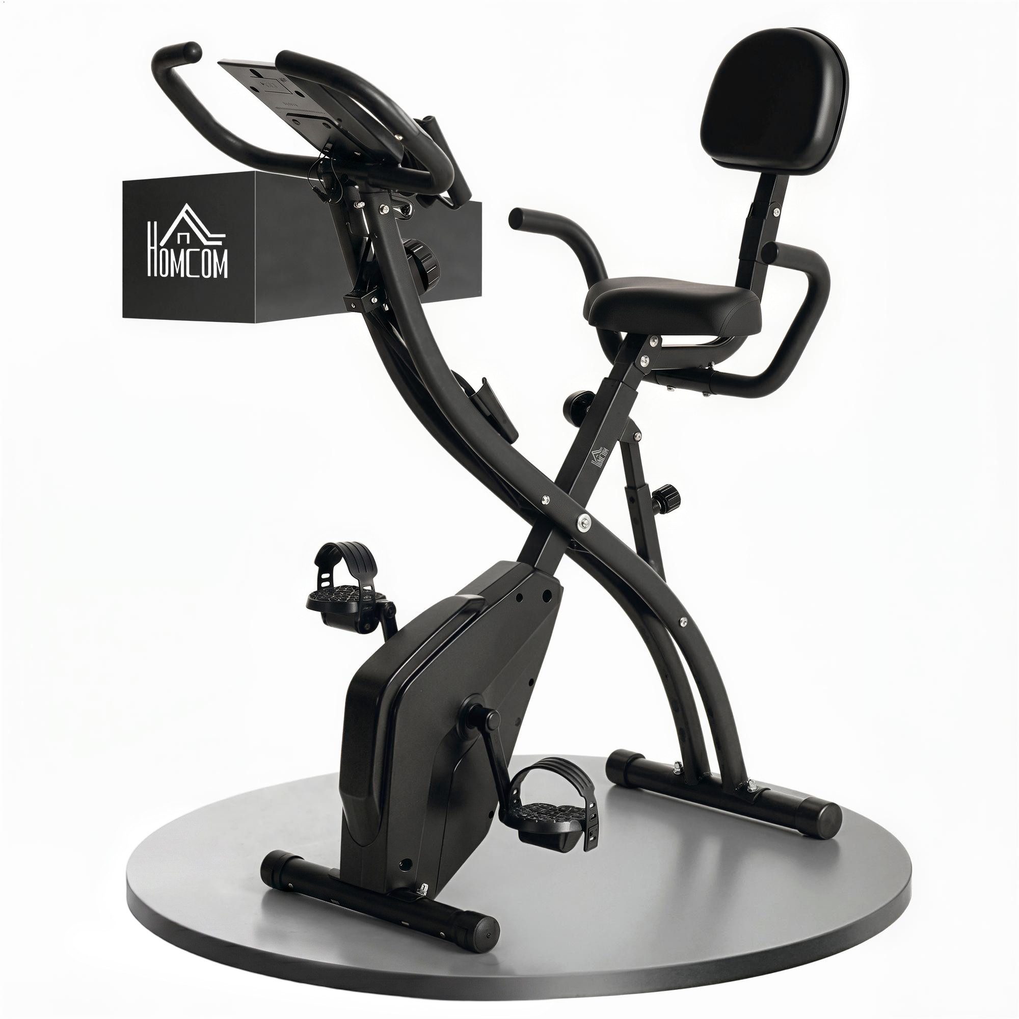 BAYMATE Heimtrainer 4-in-1 Klapp– Leiser mit Widerstandsbändern (Fitness- und Cardiotraining für Zuhause mit Rollen, Komfortsattel und LCD-Display (max. 120 kg), Schwarz)