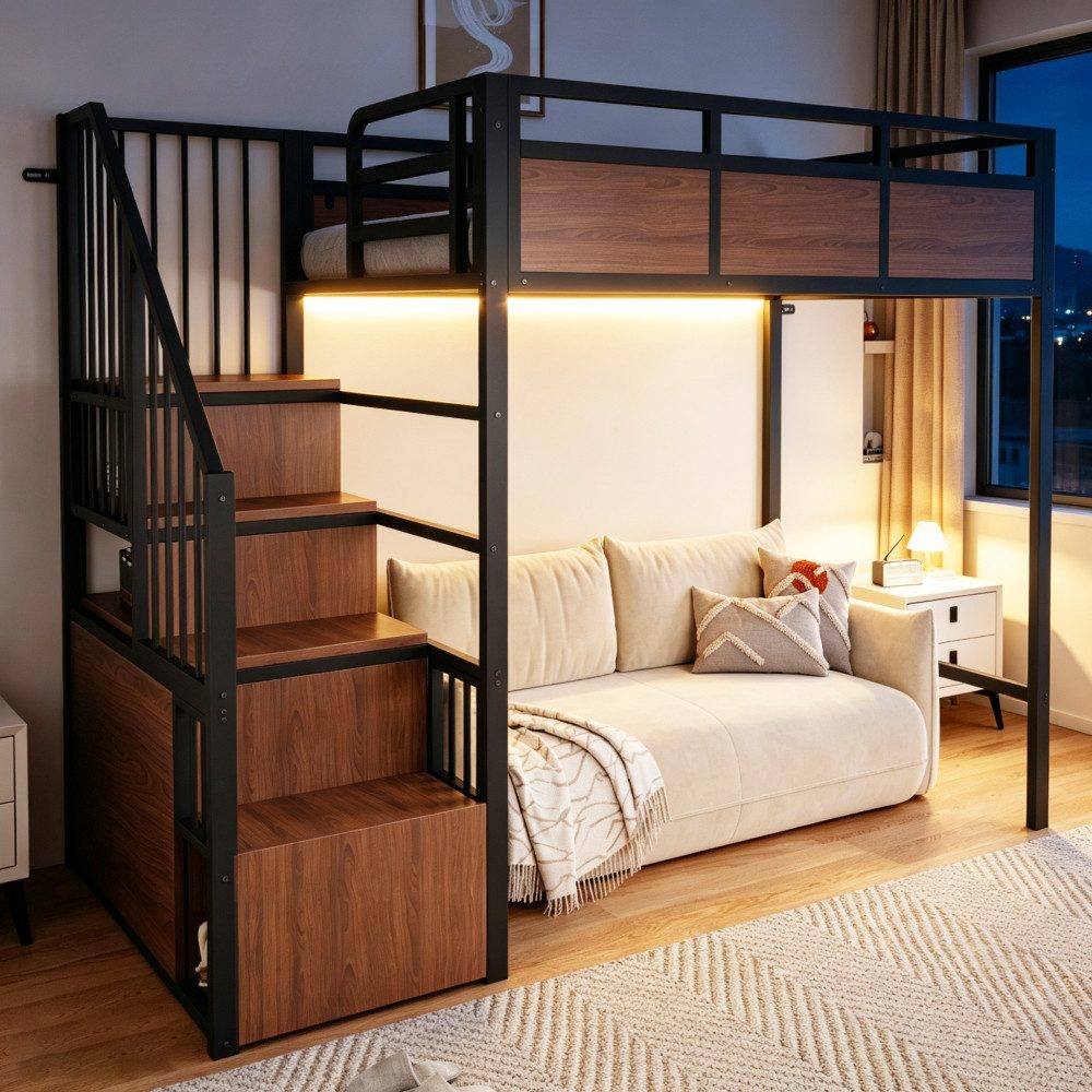 BBWL Metallbett mit LED-Beleuchtung, Sicherheitsgitter, Stauraumleiter & Holzdetails, Metall Hochbett 90x200 cm – Kinderbett Jugendbett