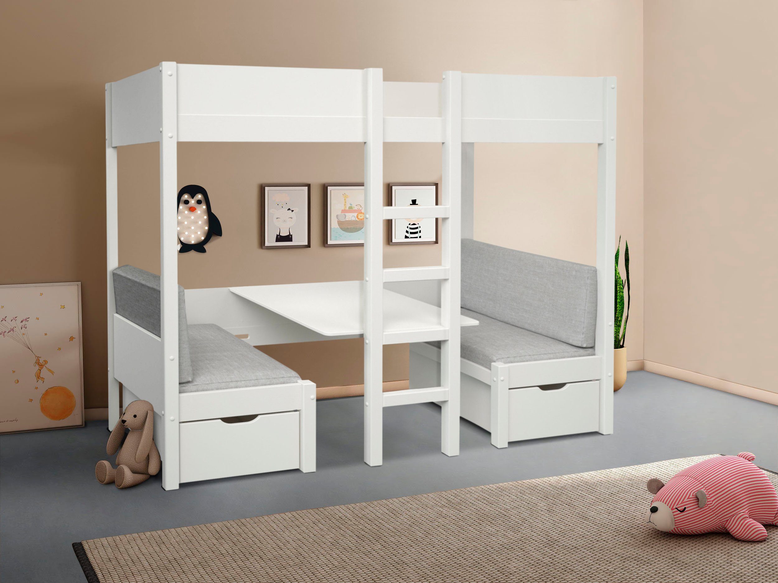 Lüttenhütt Etagenbett Stockbett "TIPO", Хіти продажу! Inklusive unterer Auflagen, 90x200cm, viel Stauraum, Massivholz,inklusive Tisch,2 Schubkästen,2 Schlafplätze
