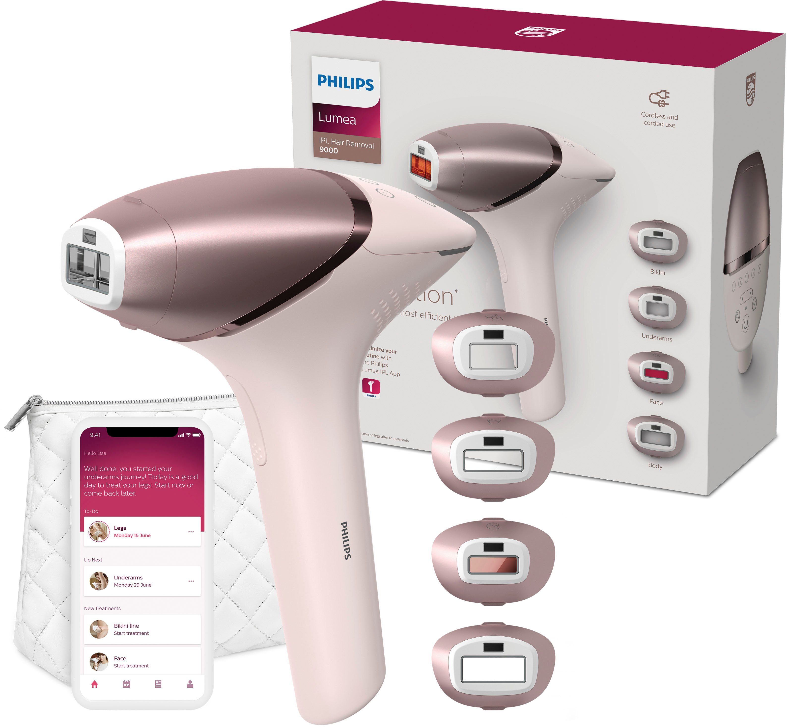 Philips IPL-Haarentferner Lumea S9000 BRI958/00, 450.000 Lichtimpulse, 4 Aufsätze (Achseln, Bikinizone, Körper und Gesicht), kabellos