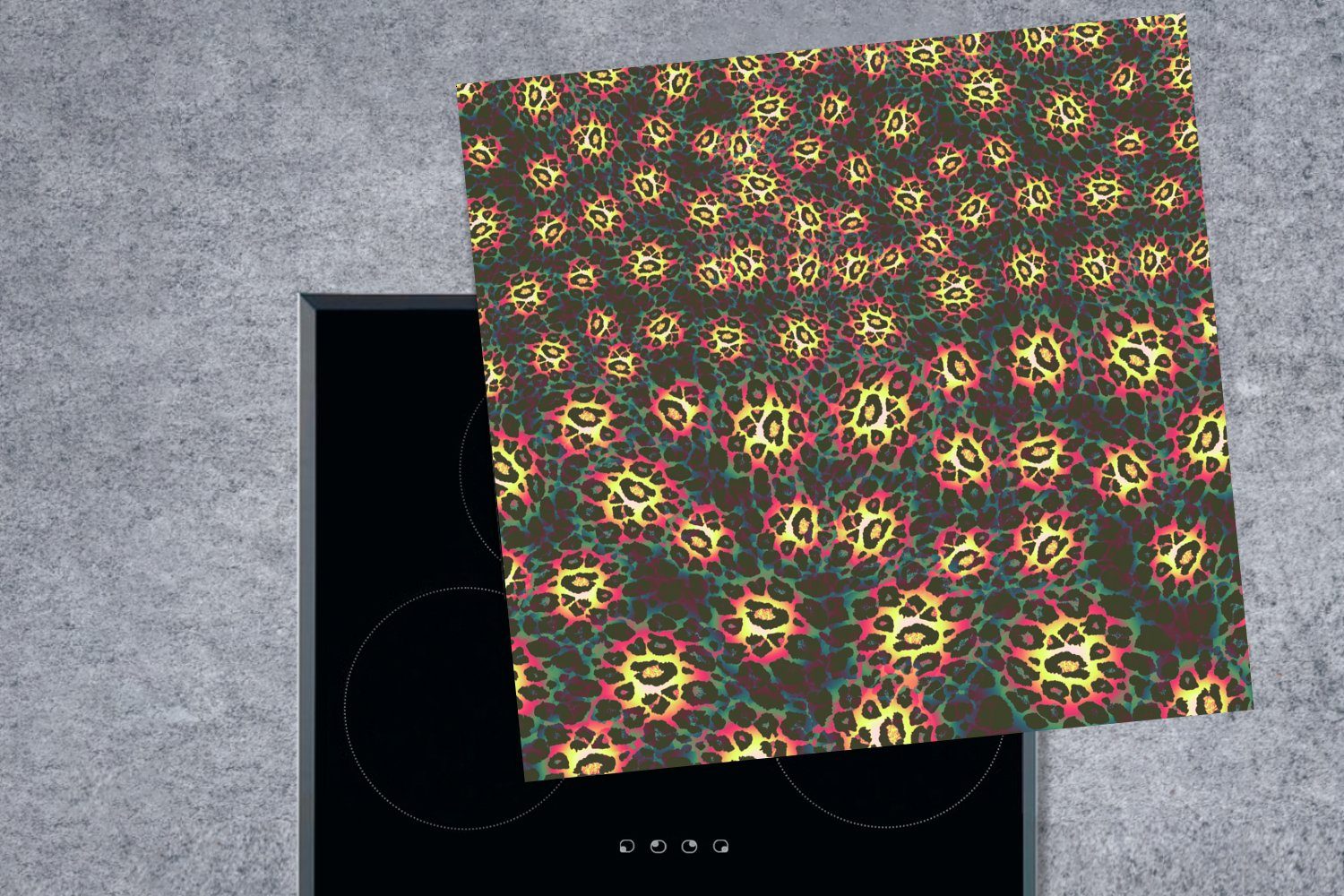 (1 Vinyl, für Ceranfeldabdeckung, cm, Leopard MuchoWow küche Herdblende-/Abdeckplatte 78x78 - Arbeitsplatte tlg), Muster Farbenfroh, -