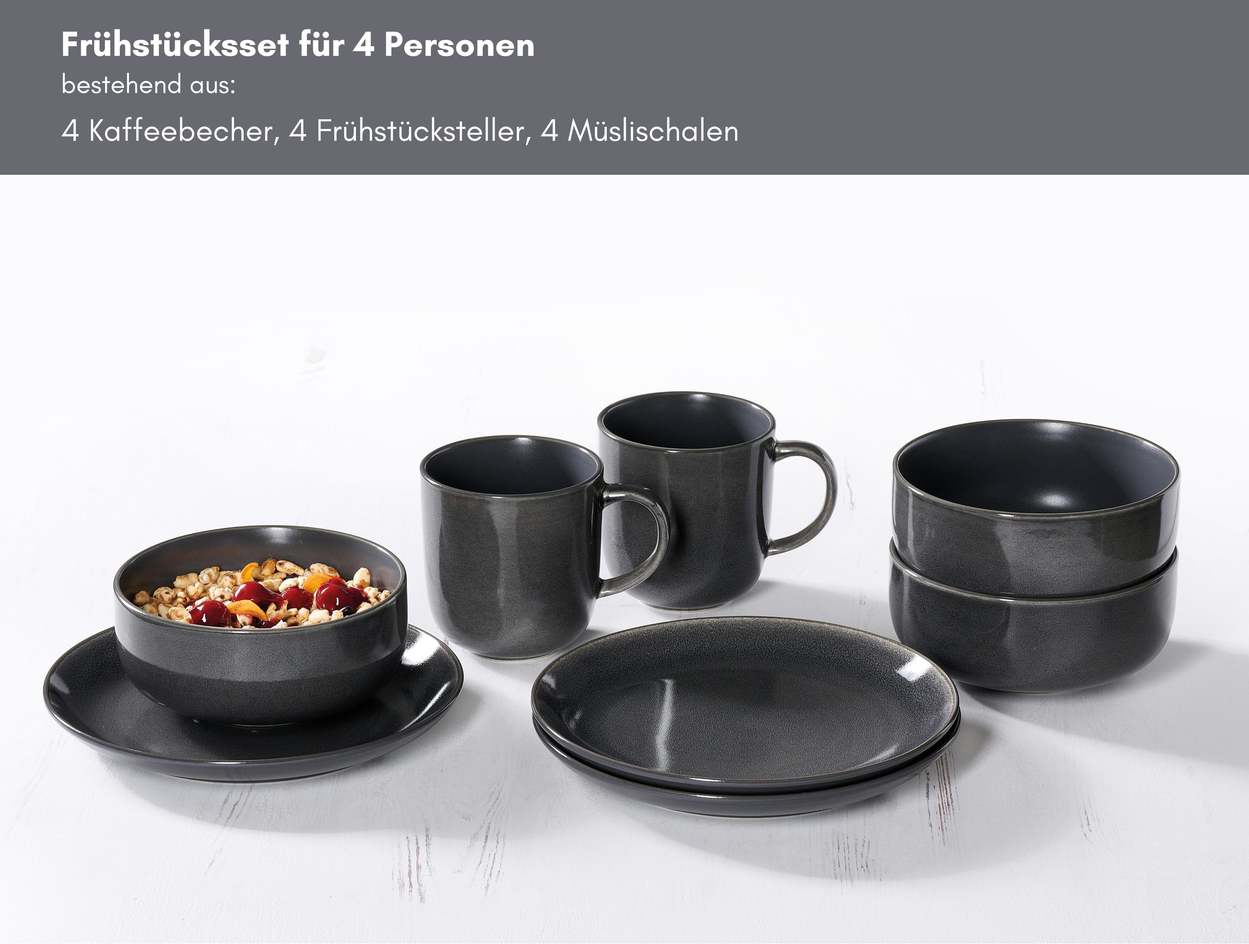 Ritzenhoff & Breker Frühstücks-Geschirrset Toledo (12-tlg), 4 Personen, Steinzeug, Reaktivglasur, jedes Stück ein Unikat