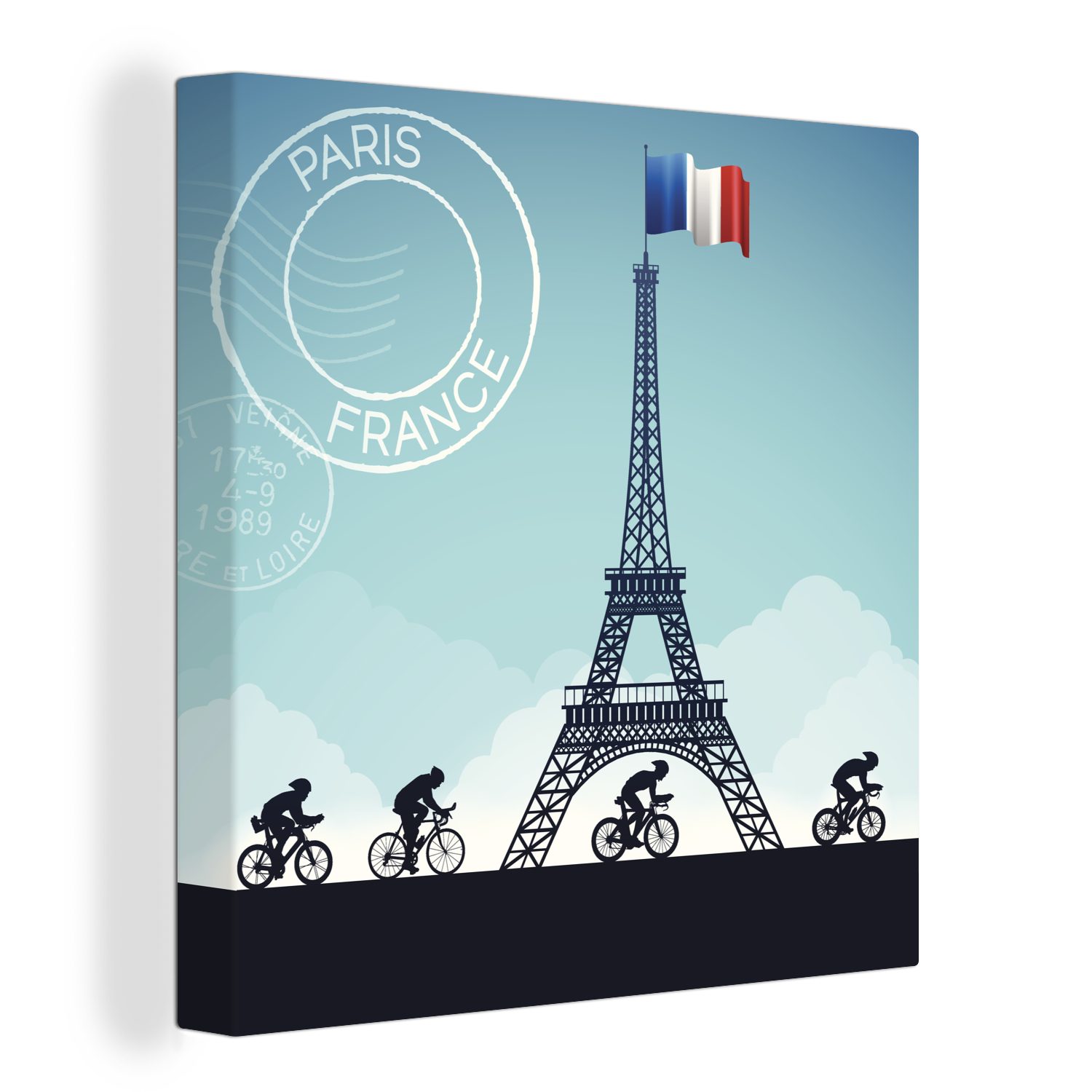 OneMillionCanvasses® Leinwandbild Eine Illustration von Radfahrern, die am Eiffelturm vorbeifahren, (1 St), Leinwand Bilder für Wohnzimmer Schlafzimmer