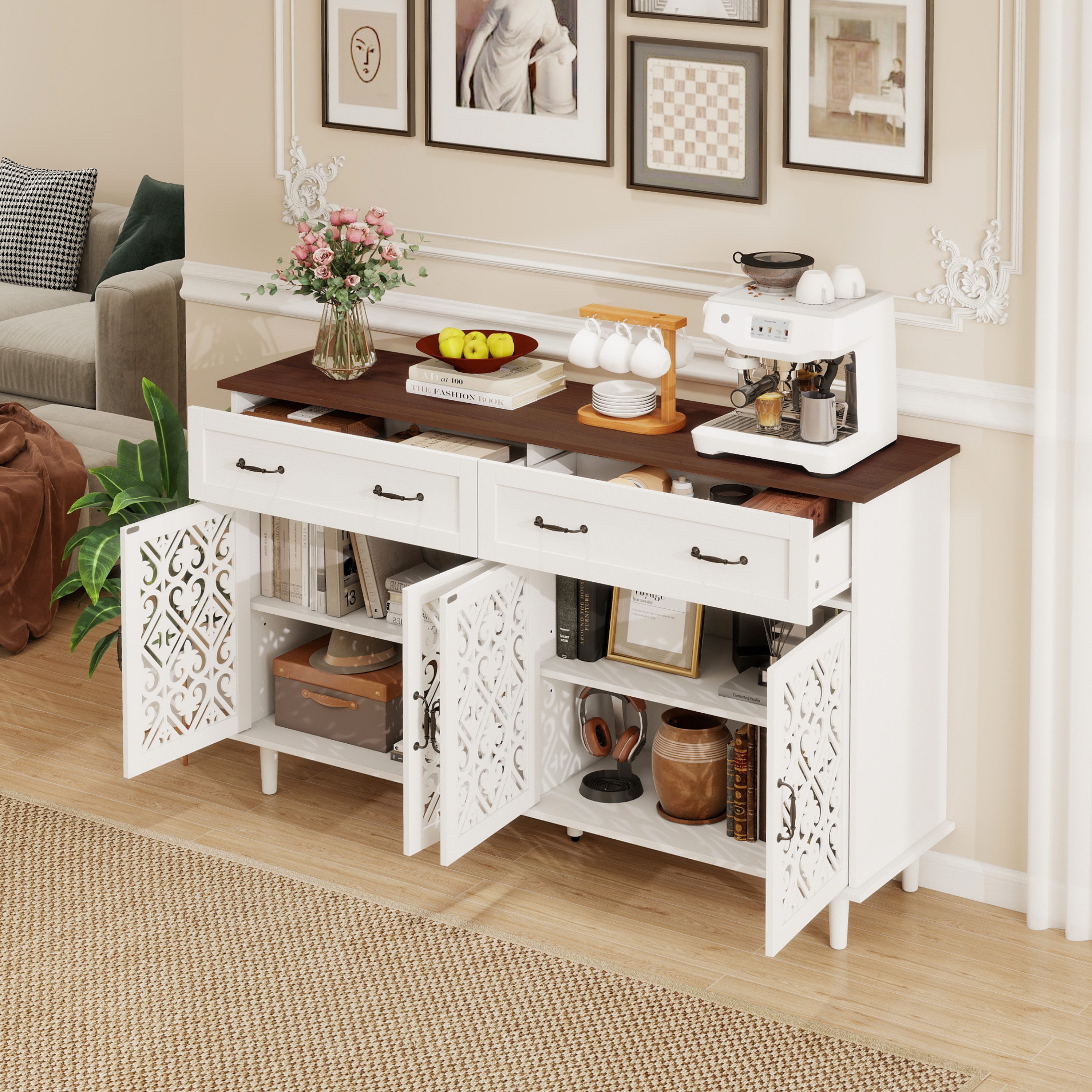 HAUSS SPOLE Sideboard Vintage Frästüren,Beistellschrank Wohnzimmerschrank mit Stauraum (Vintage Kommode mit Türen und Schubladen,Aufbewahrungsschrank im Landhausstil), Flurschrank Buffetschrank mit verstellbaren Einlegeböden