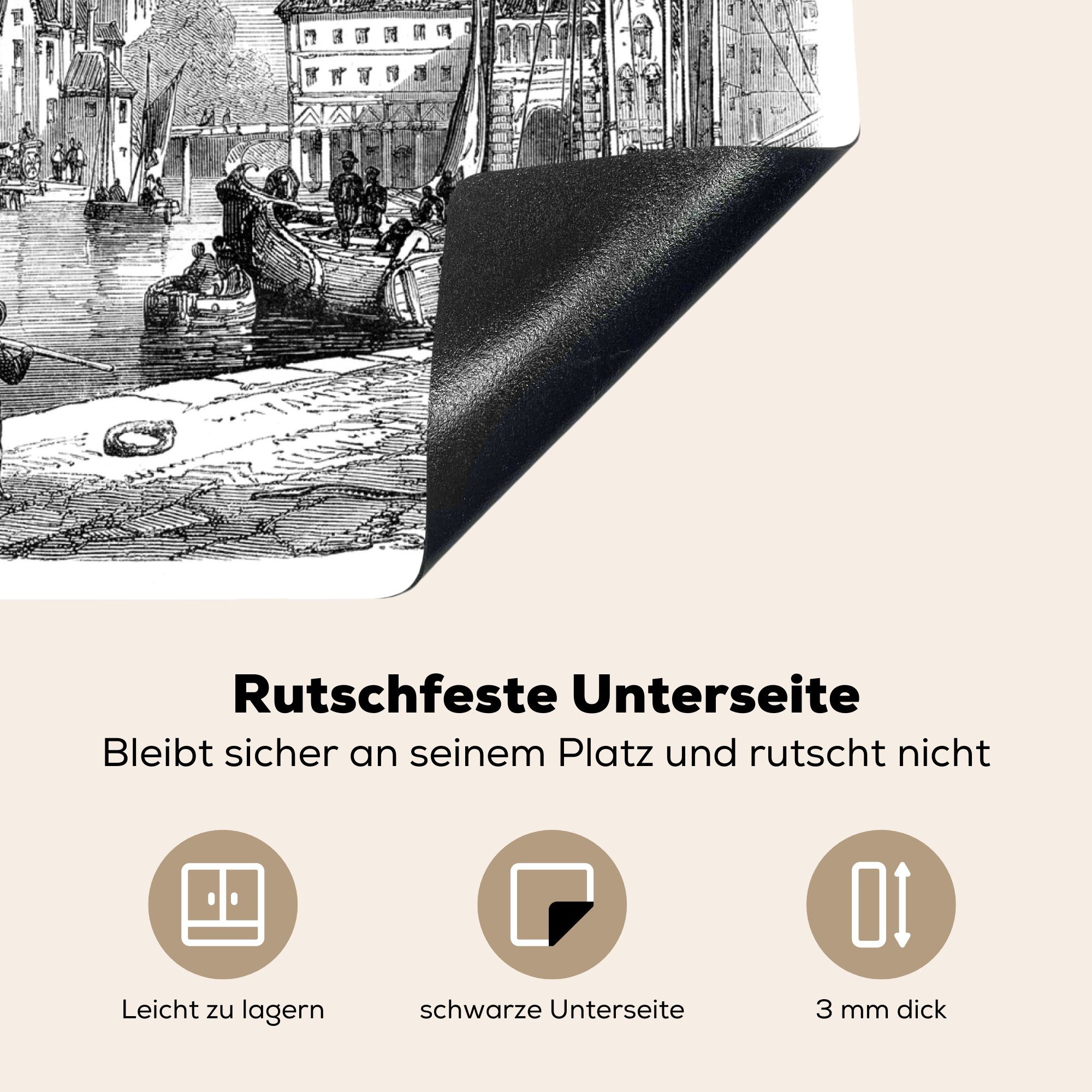Mobile nutzbar, MuchoWow Eine Dordrecht, Arbeitsfläche Schwarz-Weiß-Abbildung (1 antike Herdblende-/Abdeckplatte cm, 60x52 Ceranfeldabdeckung von Vinyl, tlg),