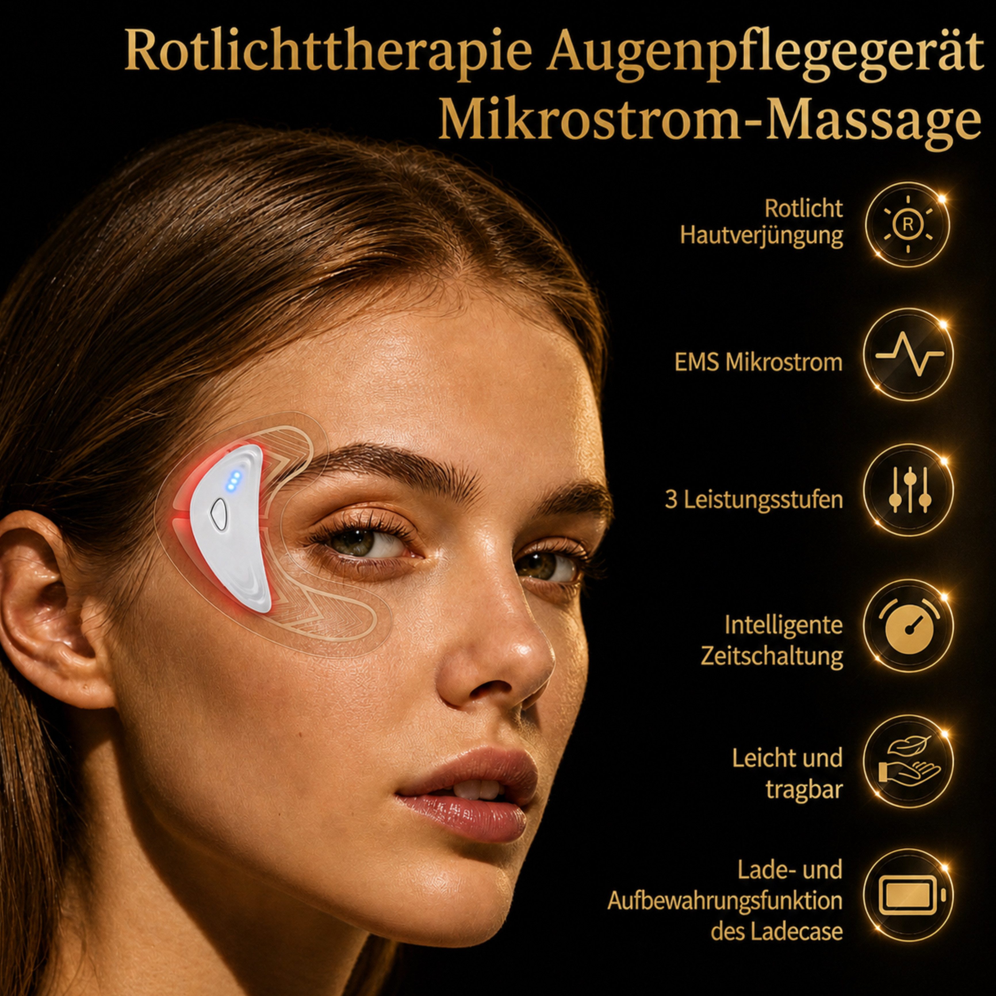 Lalano`S Cosmetics Gesichtsmassagegerät LUMIÉRA EyeLift Pro Augenmassagegerät mit Rotlicht & Mikrostrom, Anti-Aging-Gerät, gegen Augenringe, Schwellungen & Falten – 10 Min täglich