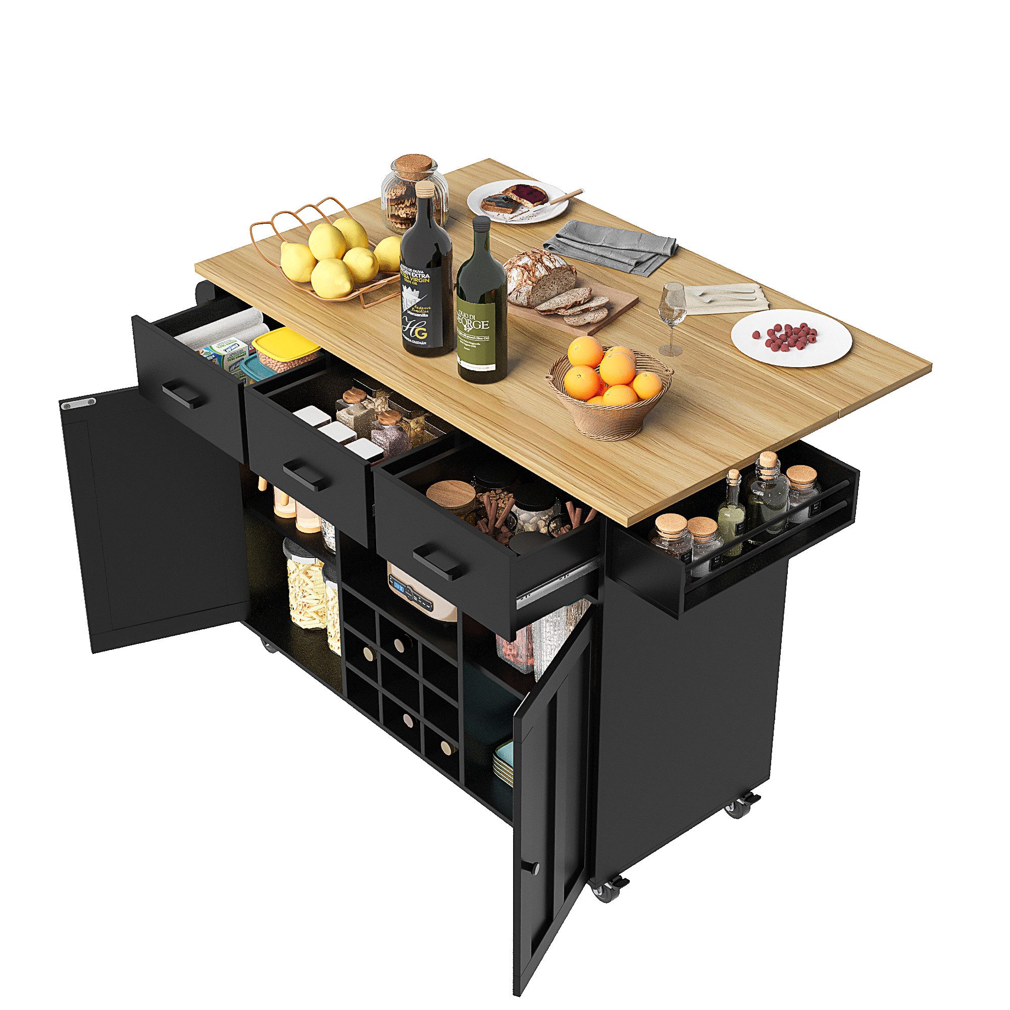 REDOM Кухниwagen Buffetschrank,Speisewagen, mit Arbeitsplatte, (mit Ausziehbarer Tischplatte – Multifunktionaler Кухниwagen mit 3 Выдвижные ящики, 2 Schranktüren, Gewürzregal, Handtuchhalter, und Flexiblen Trennwänden, 104*39.5*91.5CM), mit Arbeitsplatte