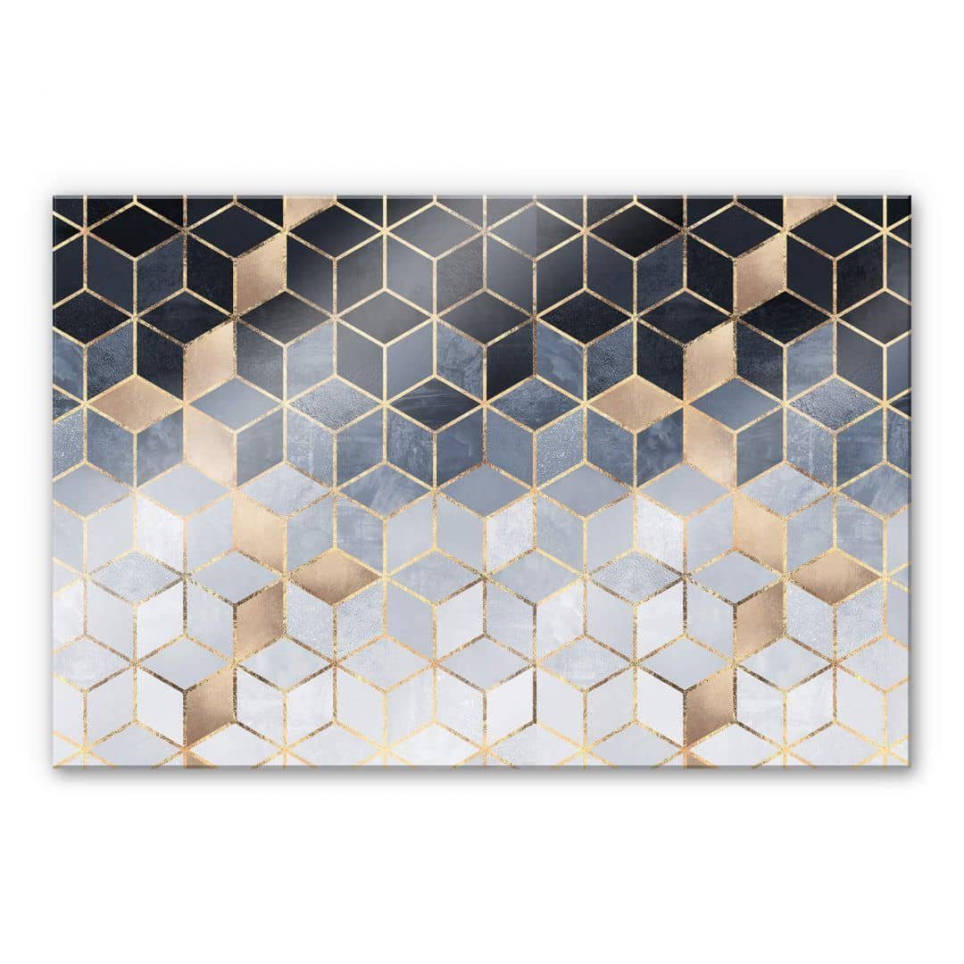 K&L Wall Art Spritzschutz Glas Küchenrückwand Blaue Würfel Gold Geometrie