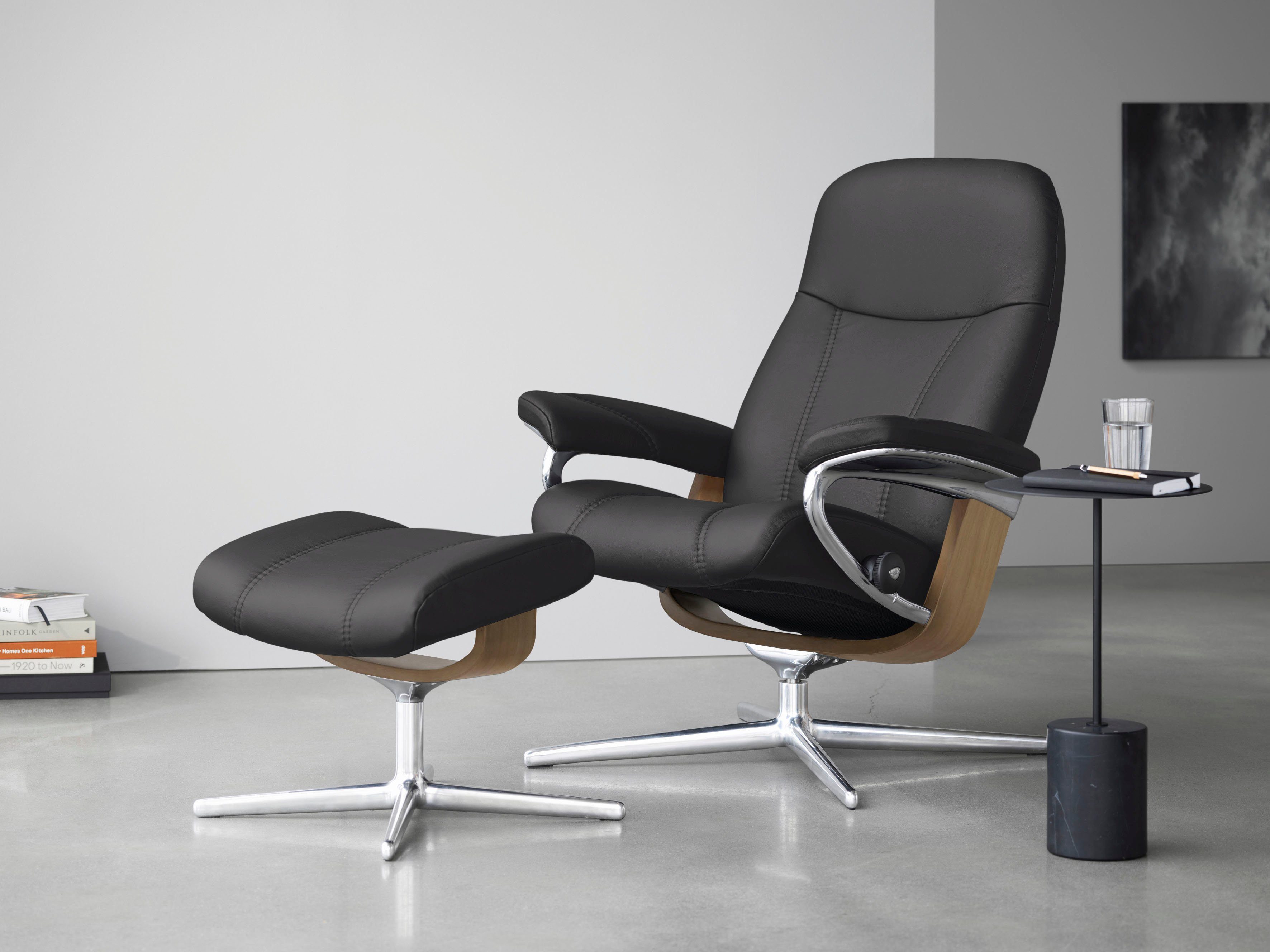 Base, Holzakzent Consul mit Stressless® & Eiche Hocker, mit Größe mit (Set, M Cross Relaxsessel S, L, Relaxsessel Hocker),