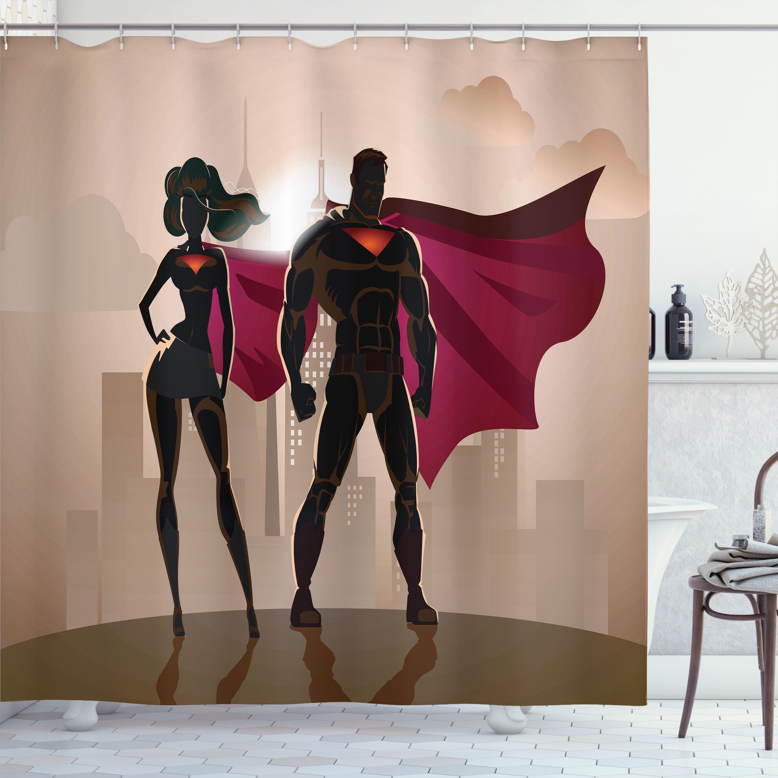 Abakuhaus Duschvorhang Moderner Digitaldruck mit 12 Haken auf Stoff Wasser Resistent Breite 175 cm, Höhe 180 cm, Superhelden Stadt-Held Hot Paar