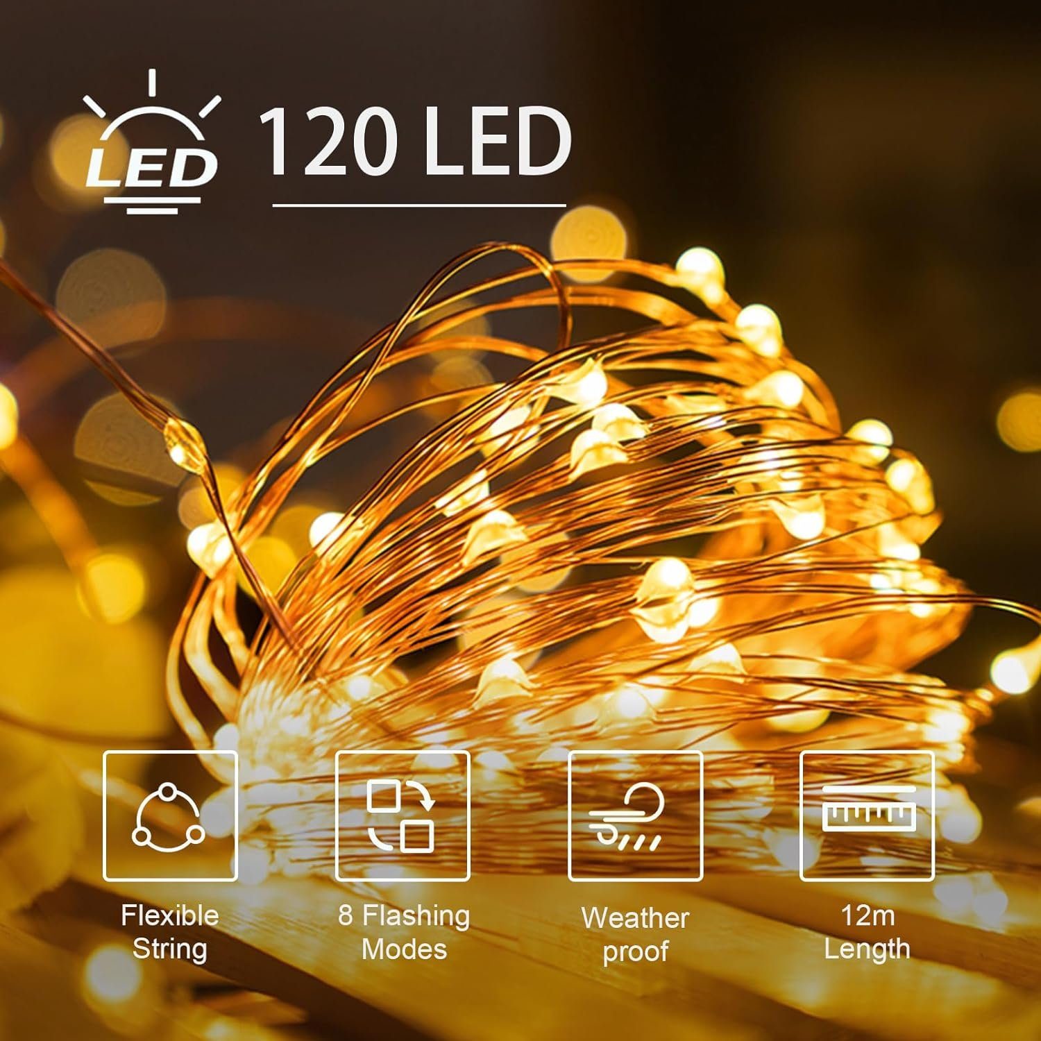 LQWELL LED Solarleuchte 2er 12m Solar Lichterkette Außen Kupferdraht, LED, Warmweiß, IP65 wasserdicht 120LED – Bild 2 von 5