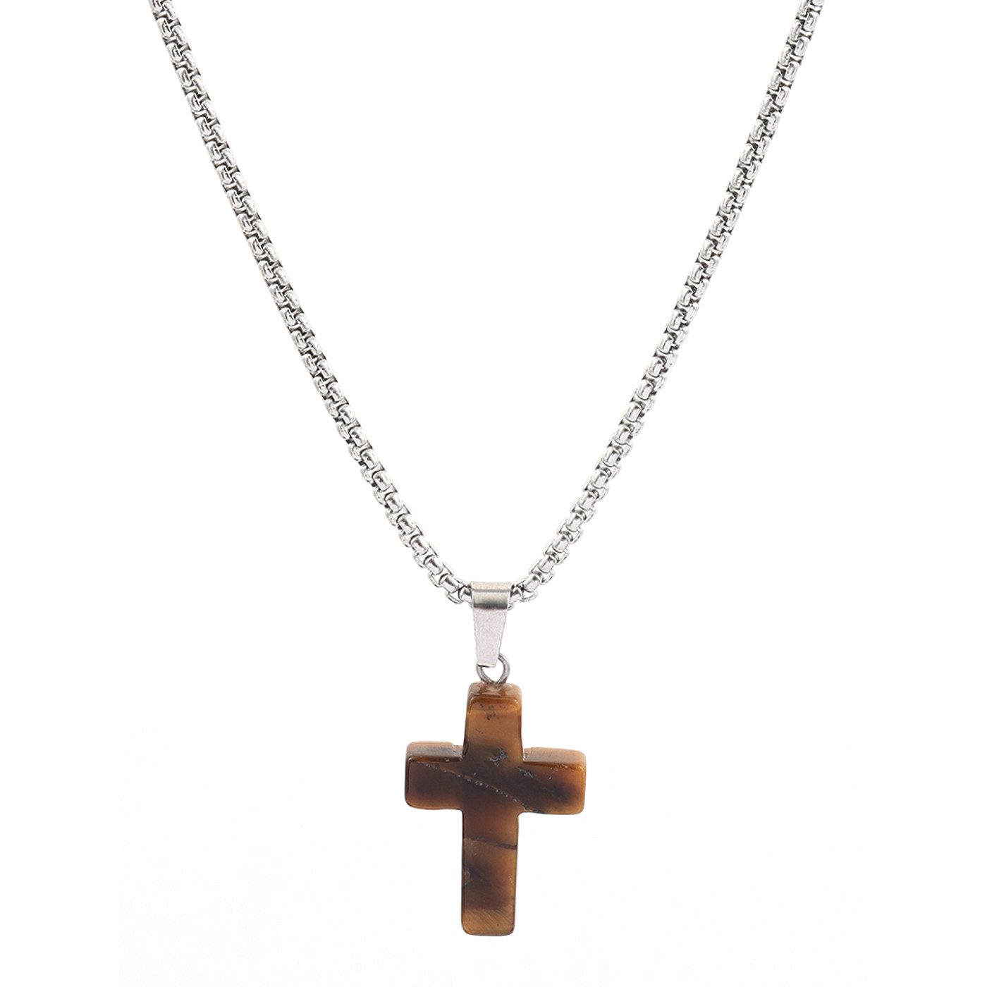 KARMA Kette mit Anhänger Kreuz für Herren Edelstahl Naturstein Silber 50 cm günstig online kaufen