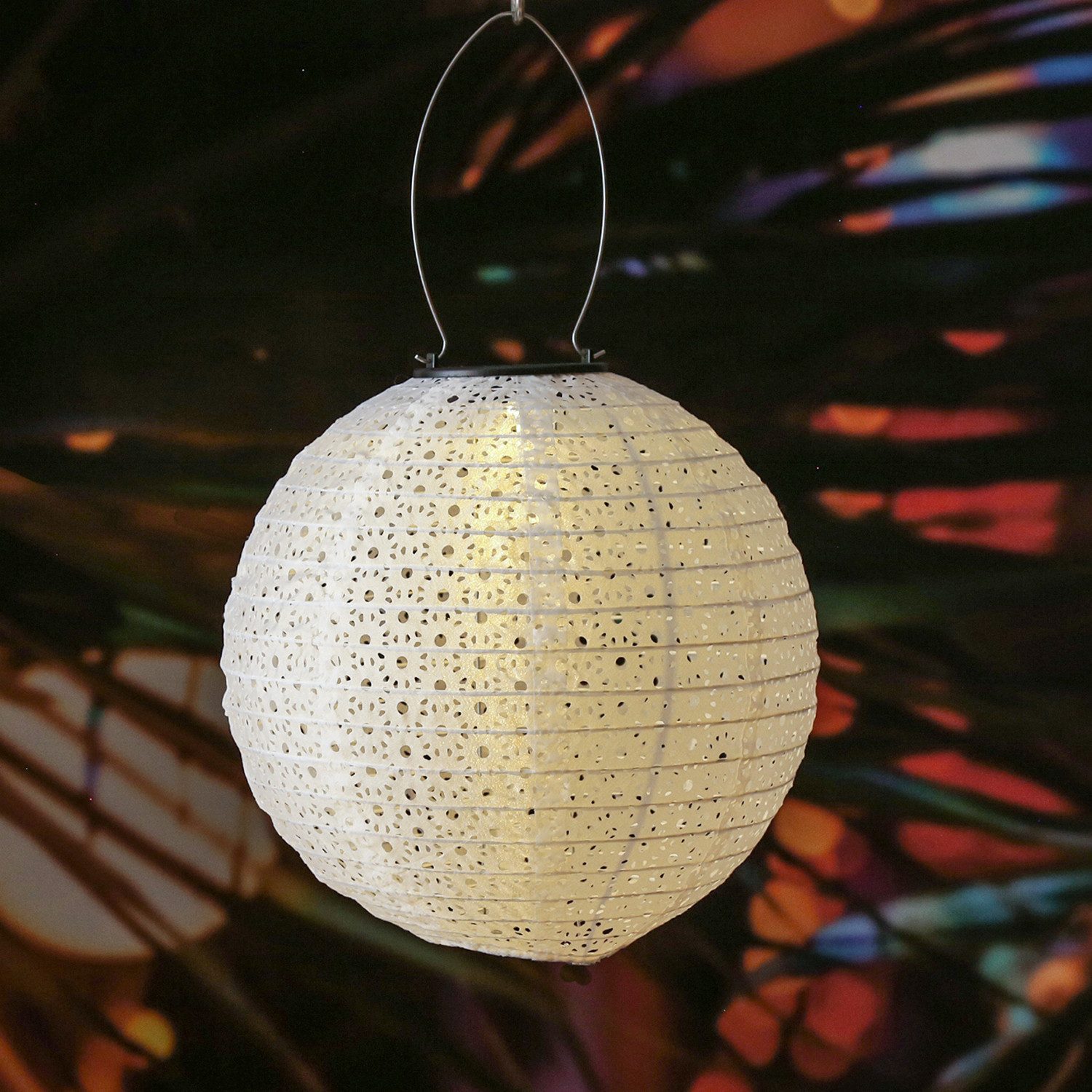 MARELIDA LED Lampion Solar Gartenlampion mit Blumenmuster weiß D:25cm Party Balkon Terrasse, LED Classic, warmweiß (2100K bis 3000K)