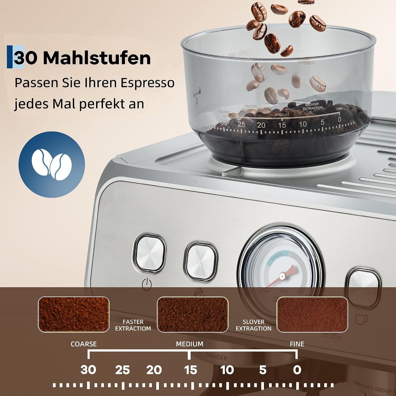 GarveeMore Espressomaschine CM5020B-GS, 2,8l Kaffeekanne, mit Kegelmahlwerk & 20 Bar Druck,Dampfrohr,Heißwasser & 30 Mahlstufen