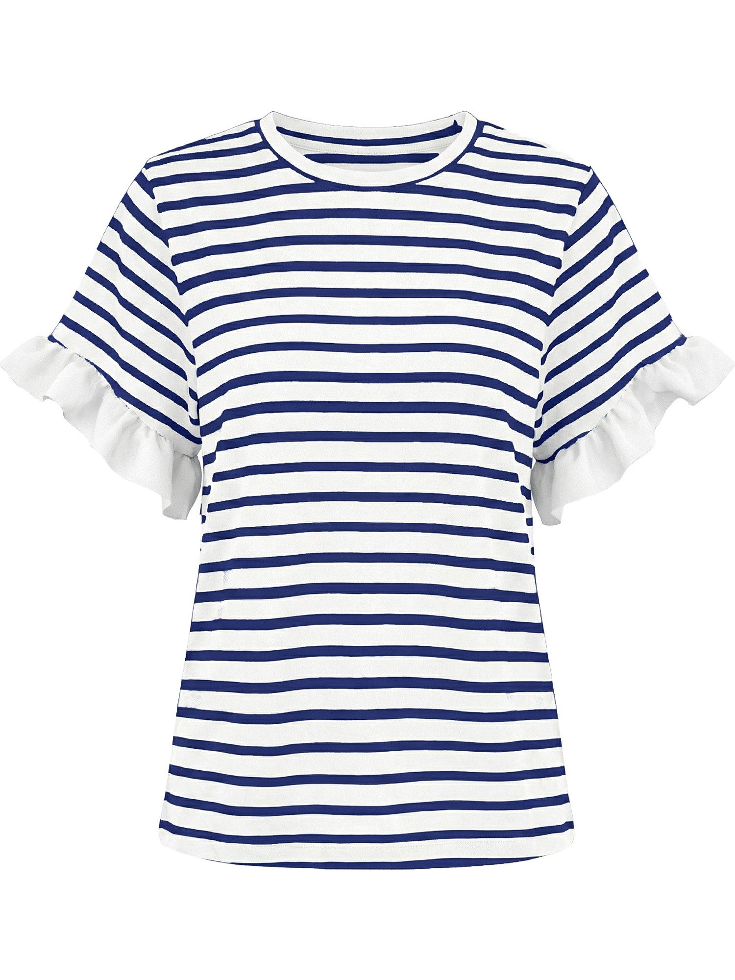 T-Shirt Damen Kurzarm Streifenmuster und Rüschenärmeln Casual Basic