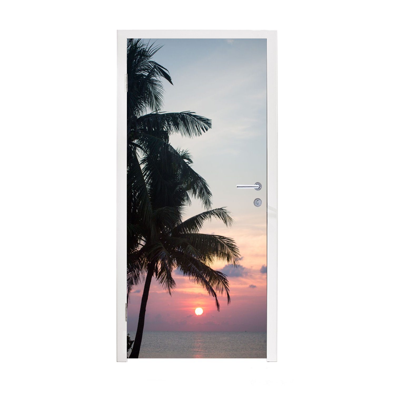 Matt, MuchoWow Tür, Sommer - Fototapete (1 - Türaufkleber, Türtapete Palmen für Abend - cm Tropisch, St), bedruckt, 75x205 Pastell -